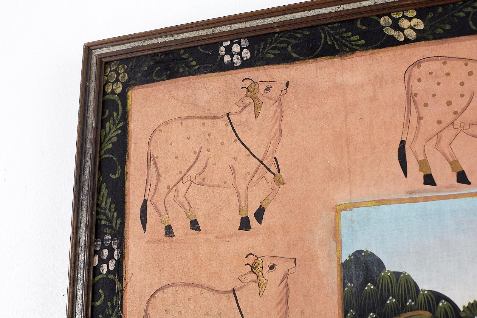 Pichhwai Hindu Painting of Krishna on Silk with Sacred Cows 2