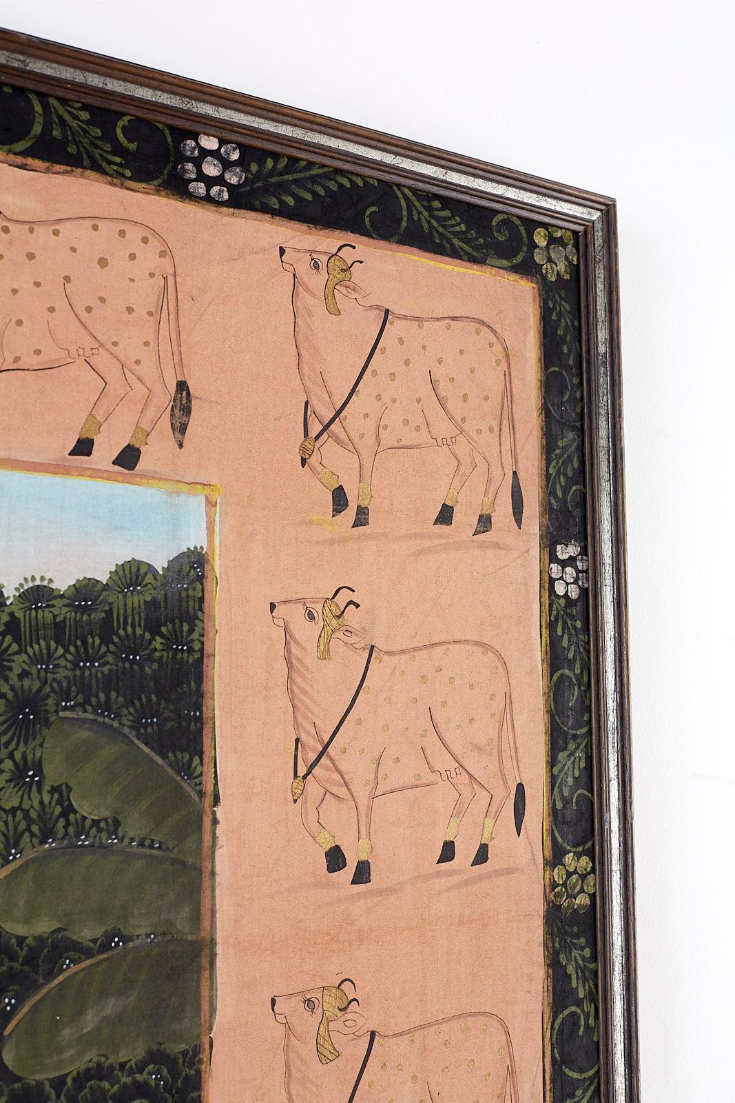 Pichhwai Hindu Painting of Krishna on Silk with Sacred Cows 5