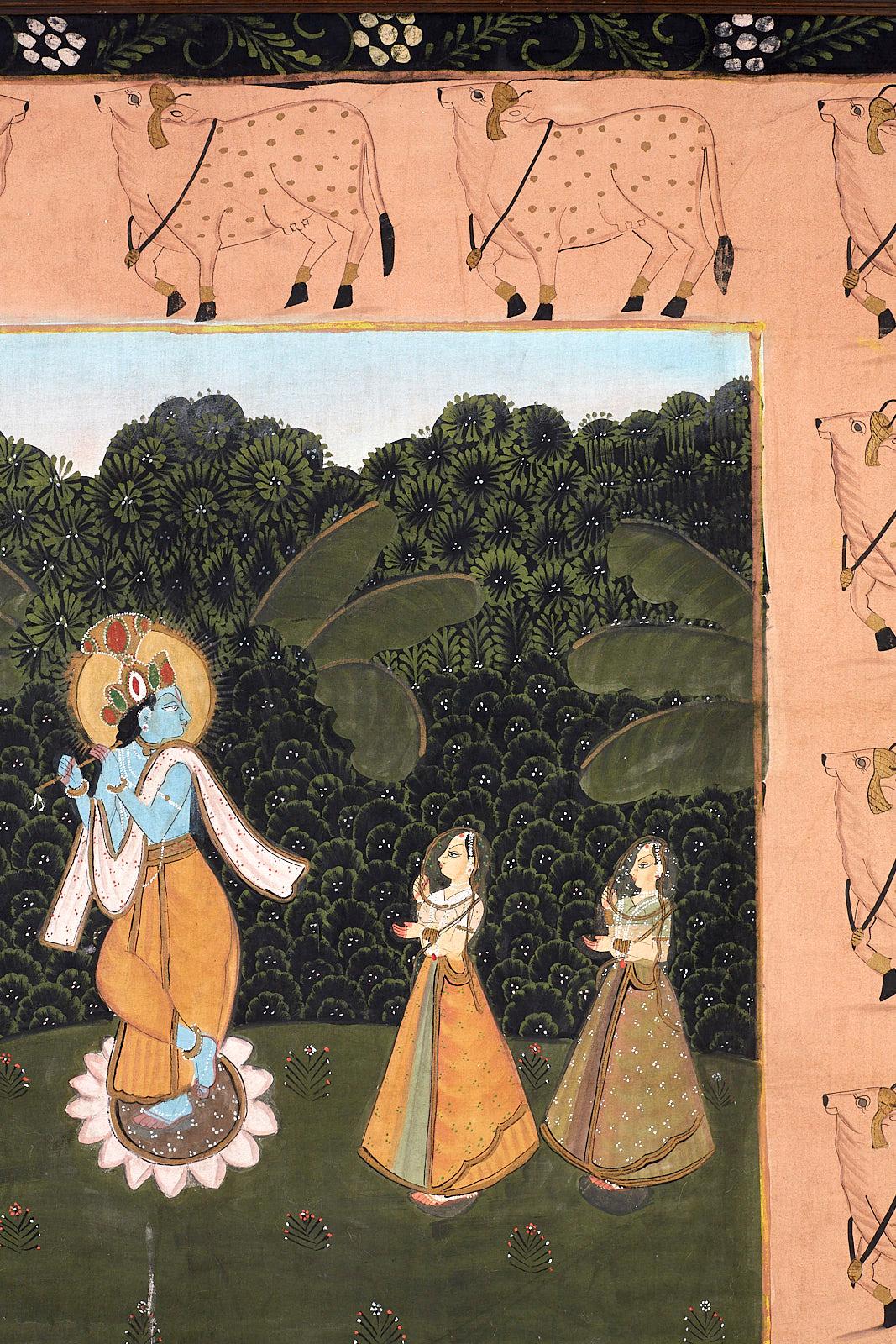 Pichhwai Hindu Painting of Krishna on Silk with Sacred Cows 6