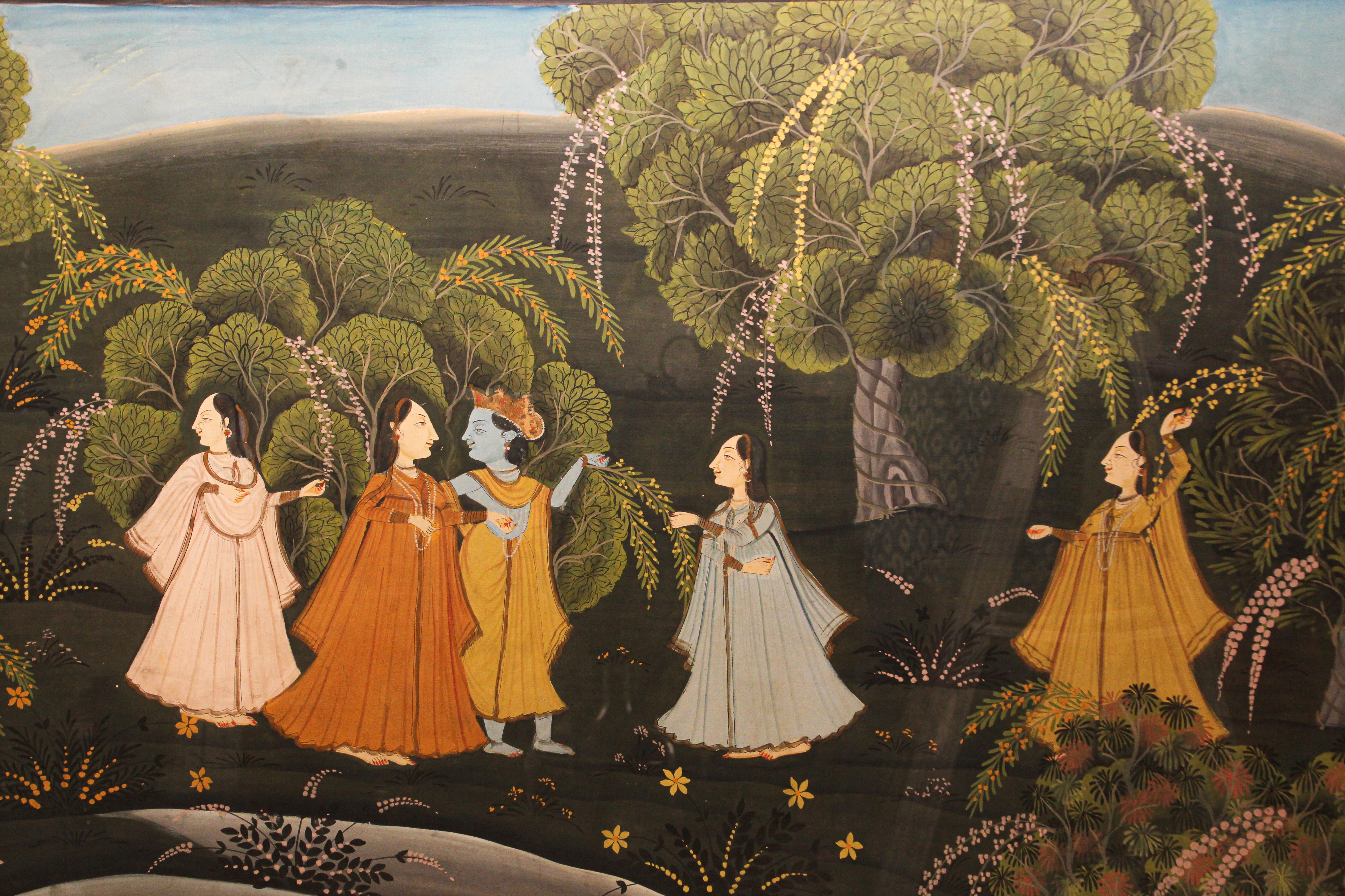 Silk Pichhavai Hindu Painting of Radha and Krishna with Female Gopis For Sale