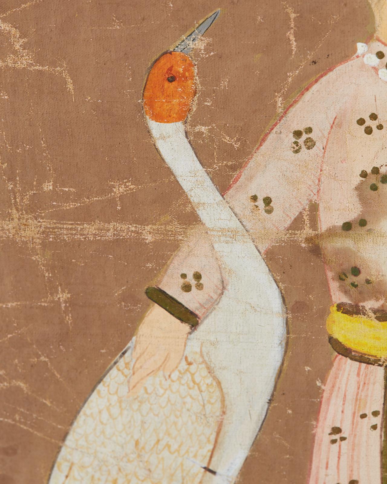 Pichhwai Hindu Painting Figure with Cranes Near Pond In Distressed Condition In Rio Vista, CA