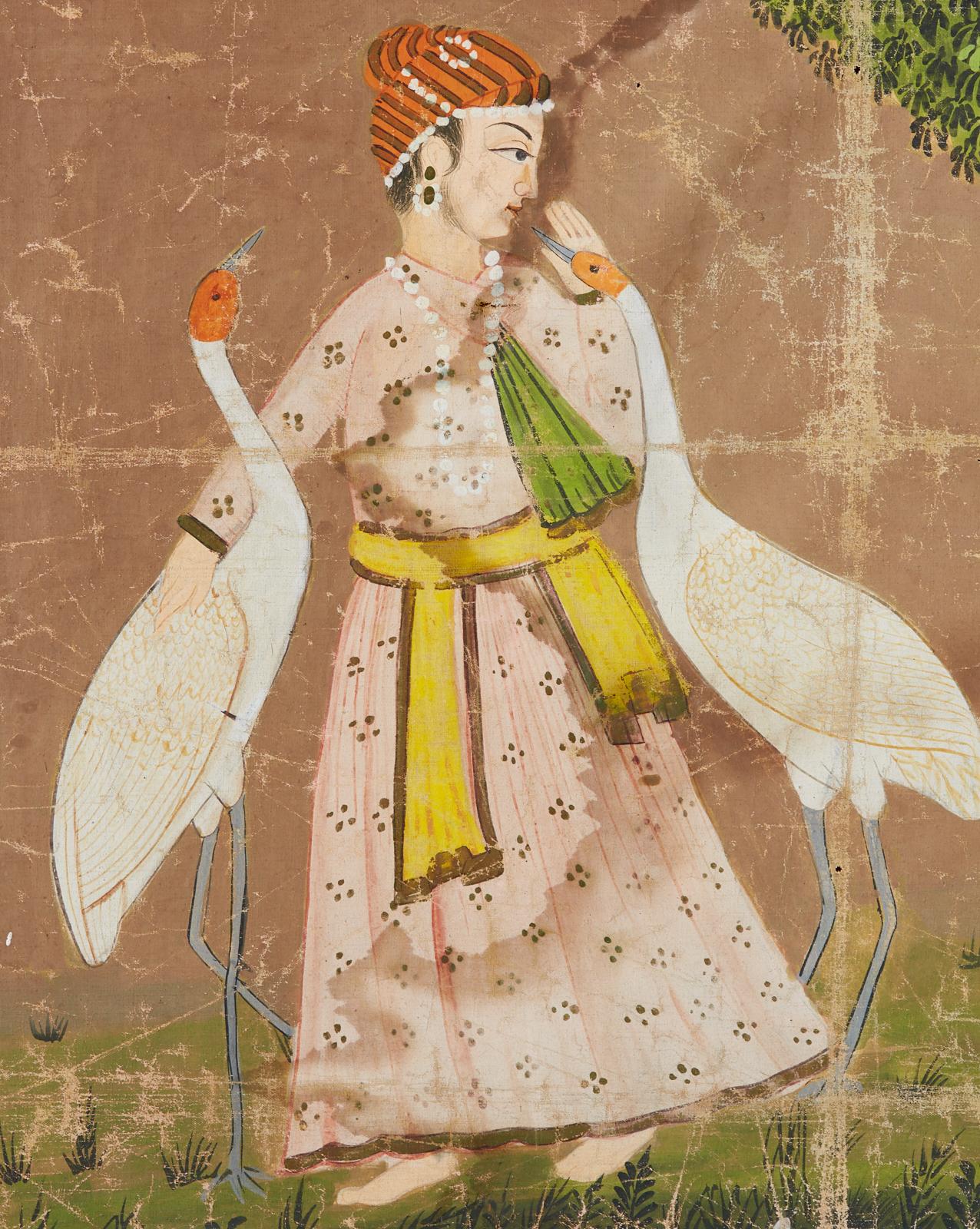 Giltwood Pichhwai Hindu Painting Figure with Cranes Near Pond