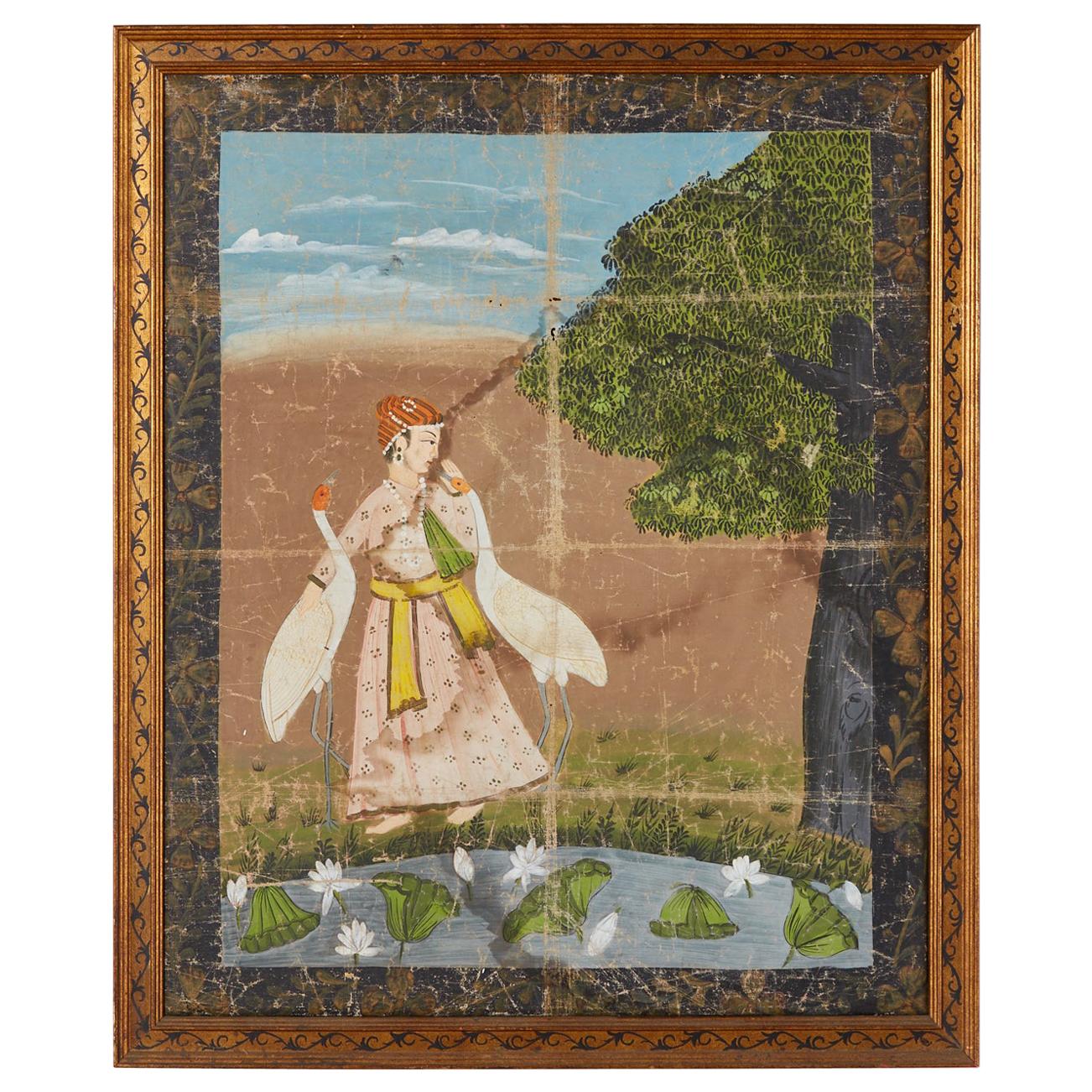 Pichhwai Hindu Painting Figure with Cranes Near Pond
