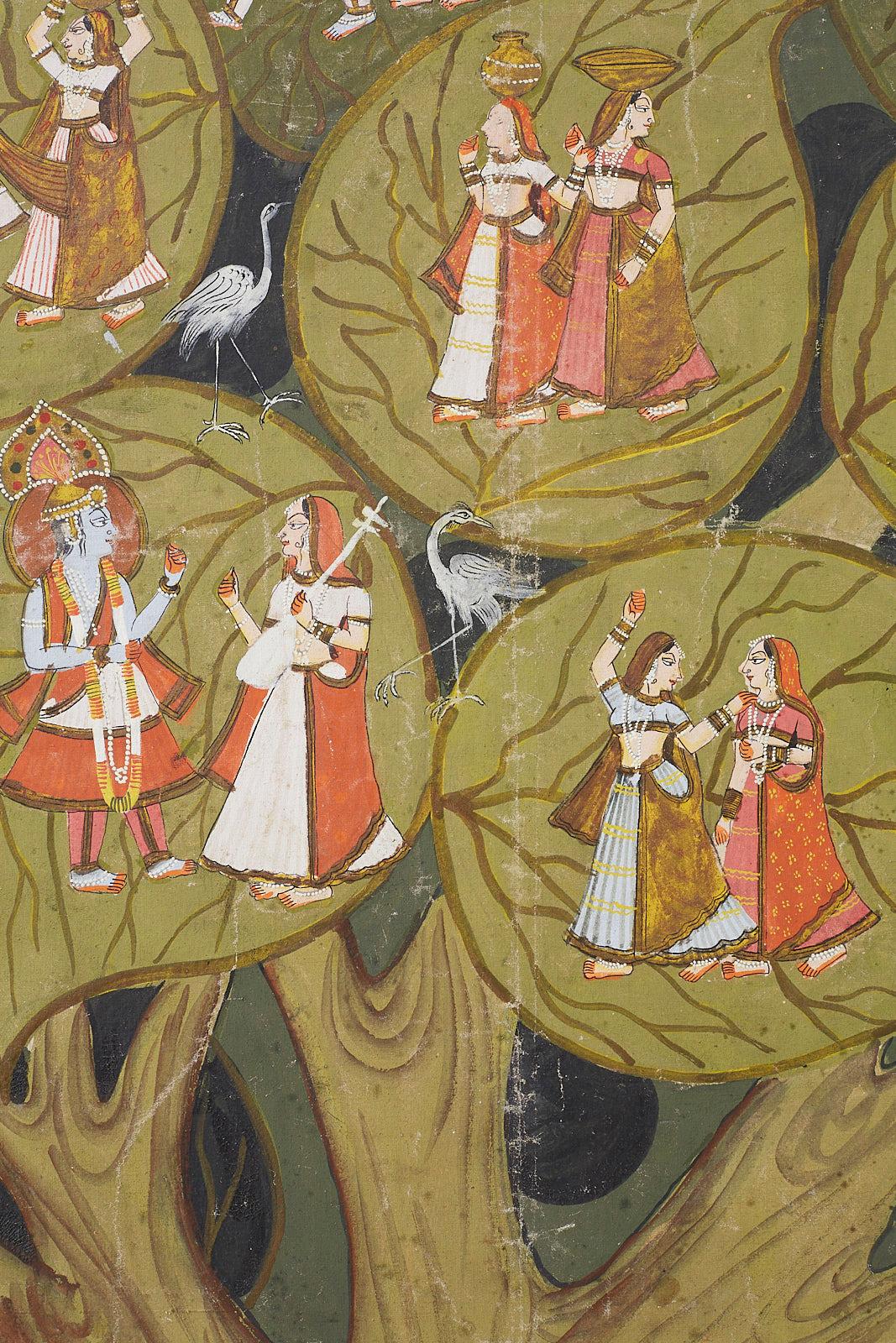 Anglo Raj Pichhwai Hindu Painting of Krishna under Tree of Life