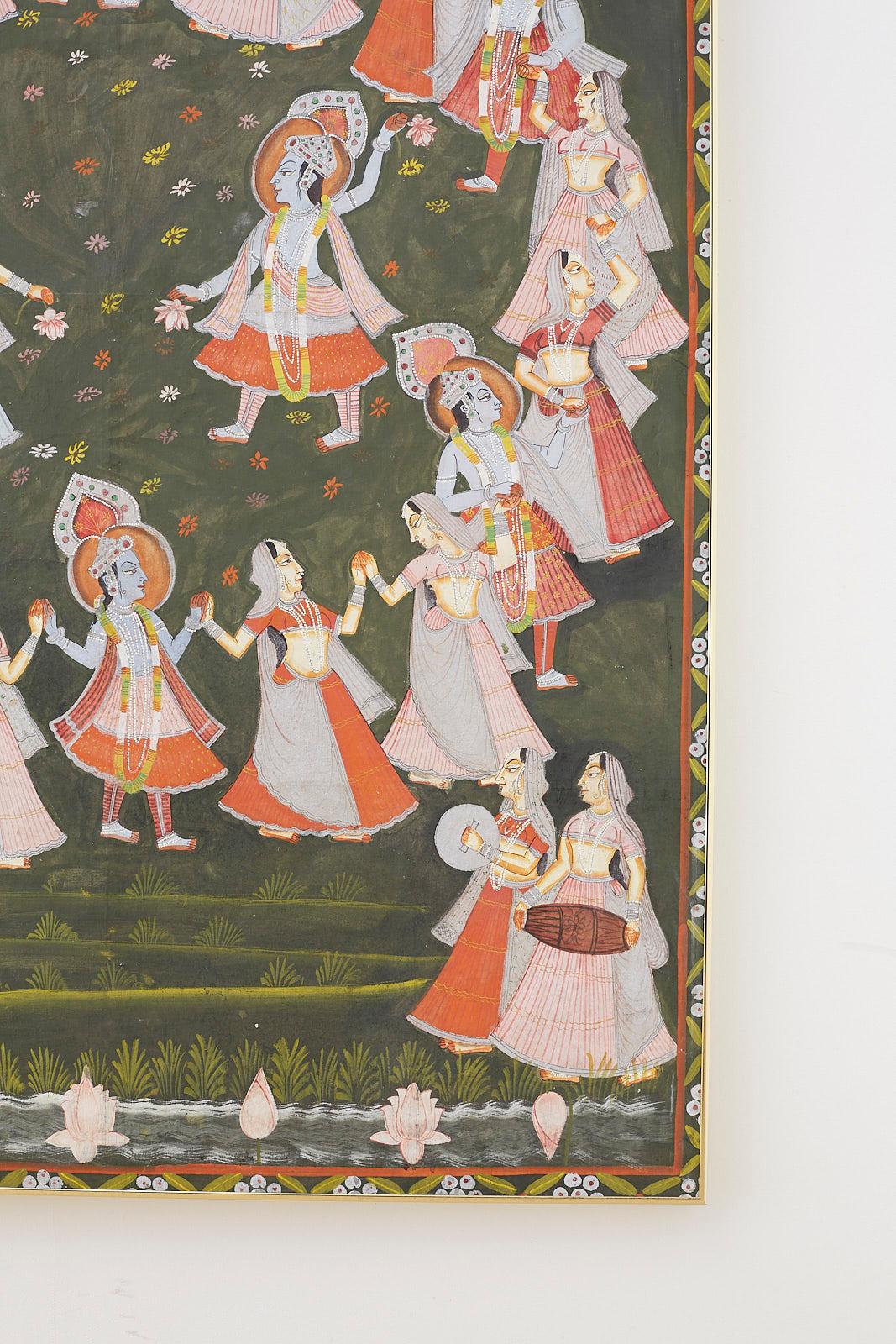 Gilt Pichhwai Hindu Painting of Krishna with Dancing Gopis