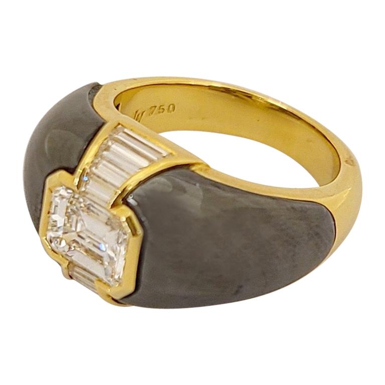 Pichiotti 1.19 Carat Emerald Cut Diamond and Hematite Gypsy Ring For Sale