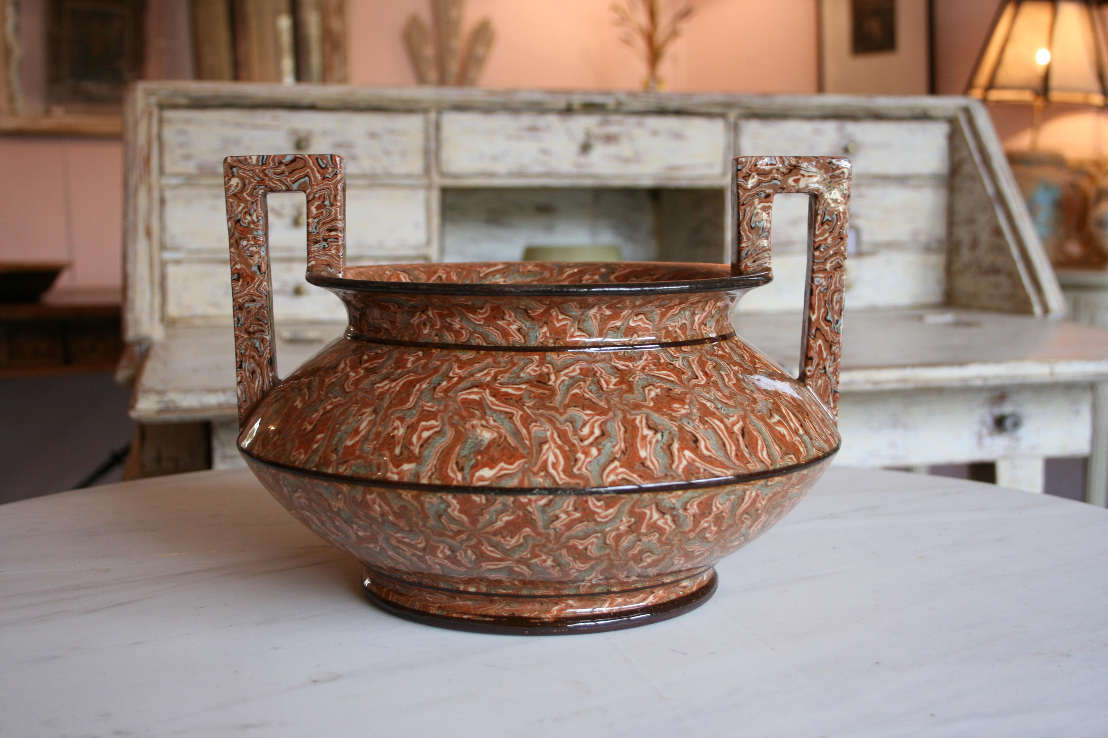 French 'Pichon' Provencal Agateware Vase with Greek Handles from Uzes Late 19th Century For Sale
