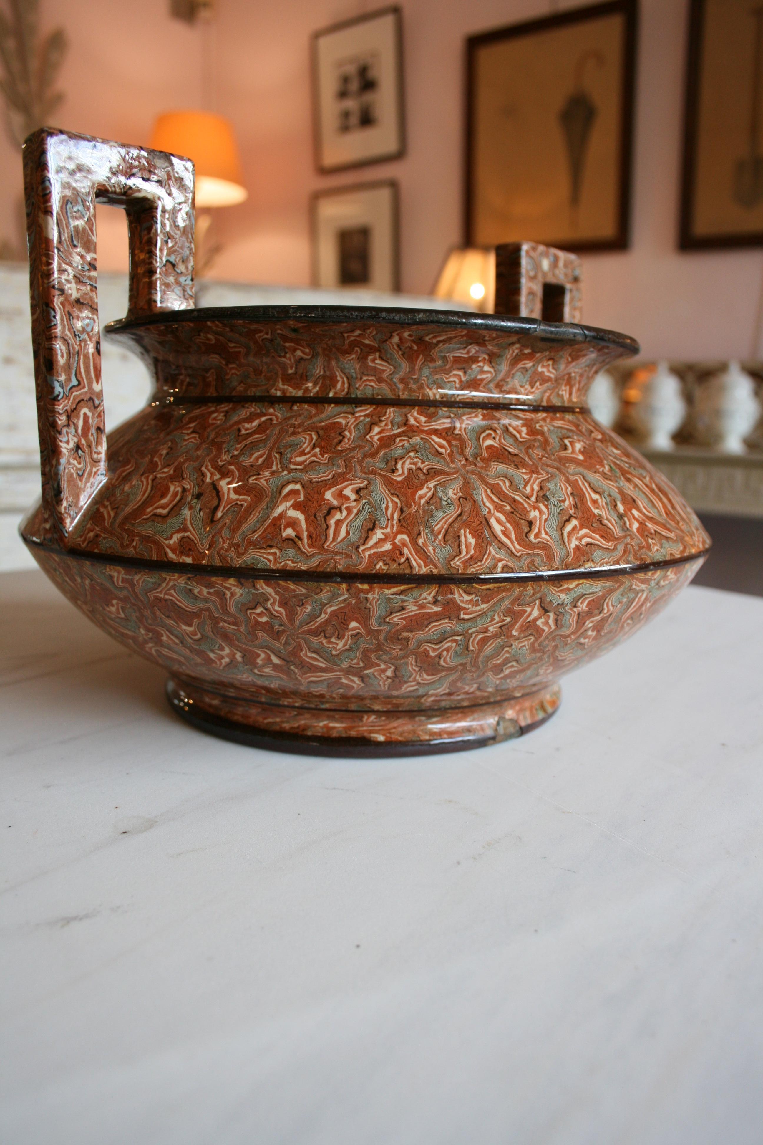 'Pichon' Provencal Agateware Vase with Greek Handles from Uzes Late 19th Century For Sale 2