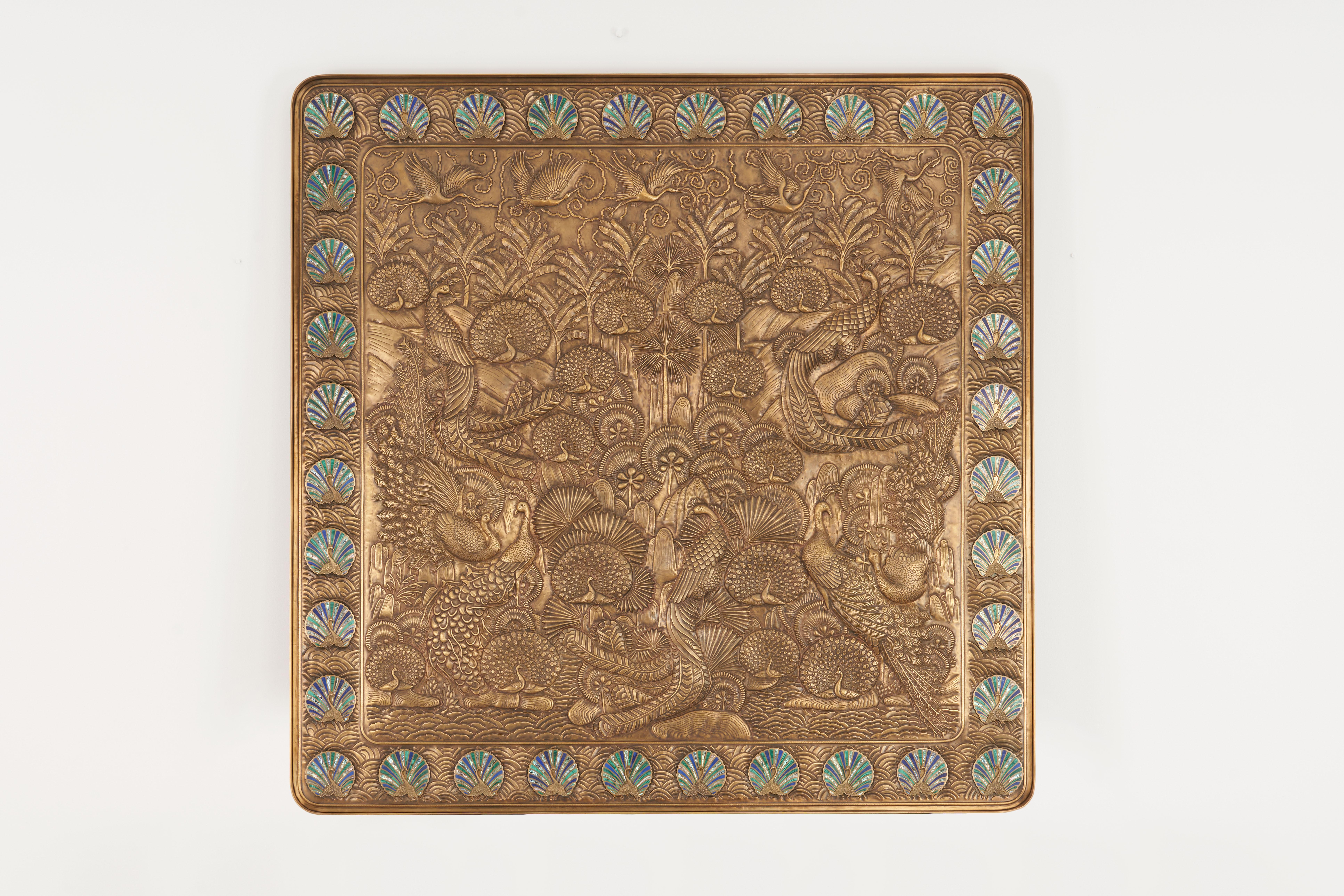 As the name of this brass wall panel suggests, the inspiration here is the Pichwai painting (literally translating to ‘hanging from the back’ in Sankskrit). The peacock is at the heart of this artwork, carved into the brass using the