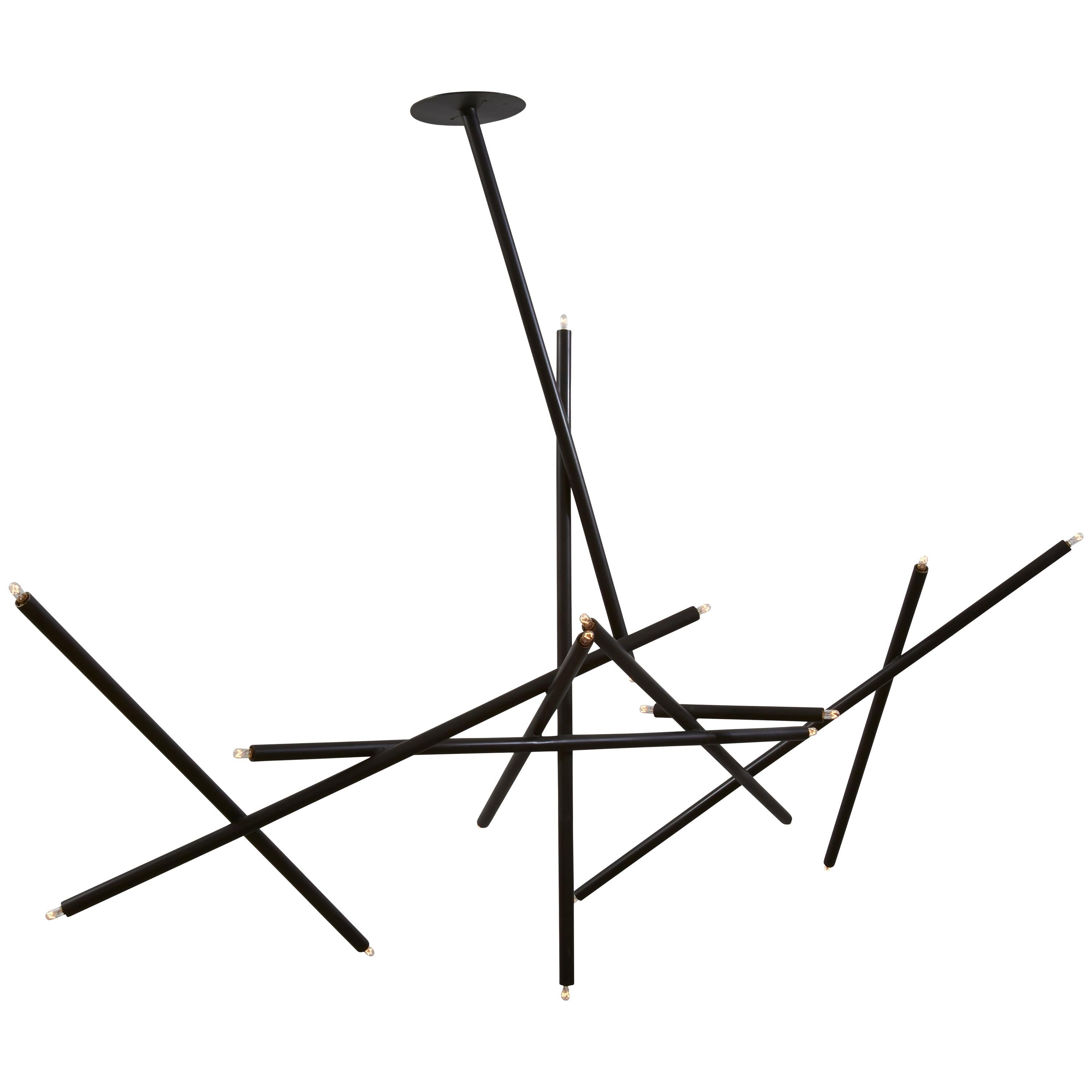 Pick Up Stick Chandelier 10 Stick by Billy Cotton in Blackened Brass For Sale