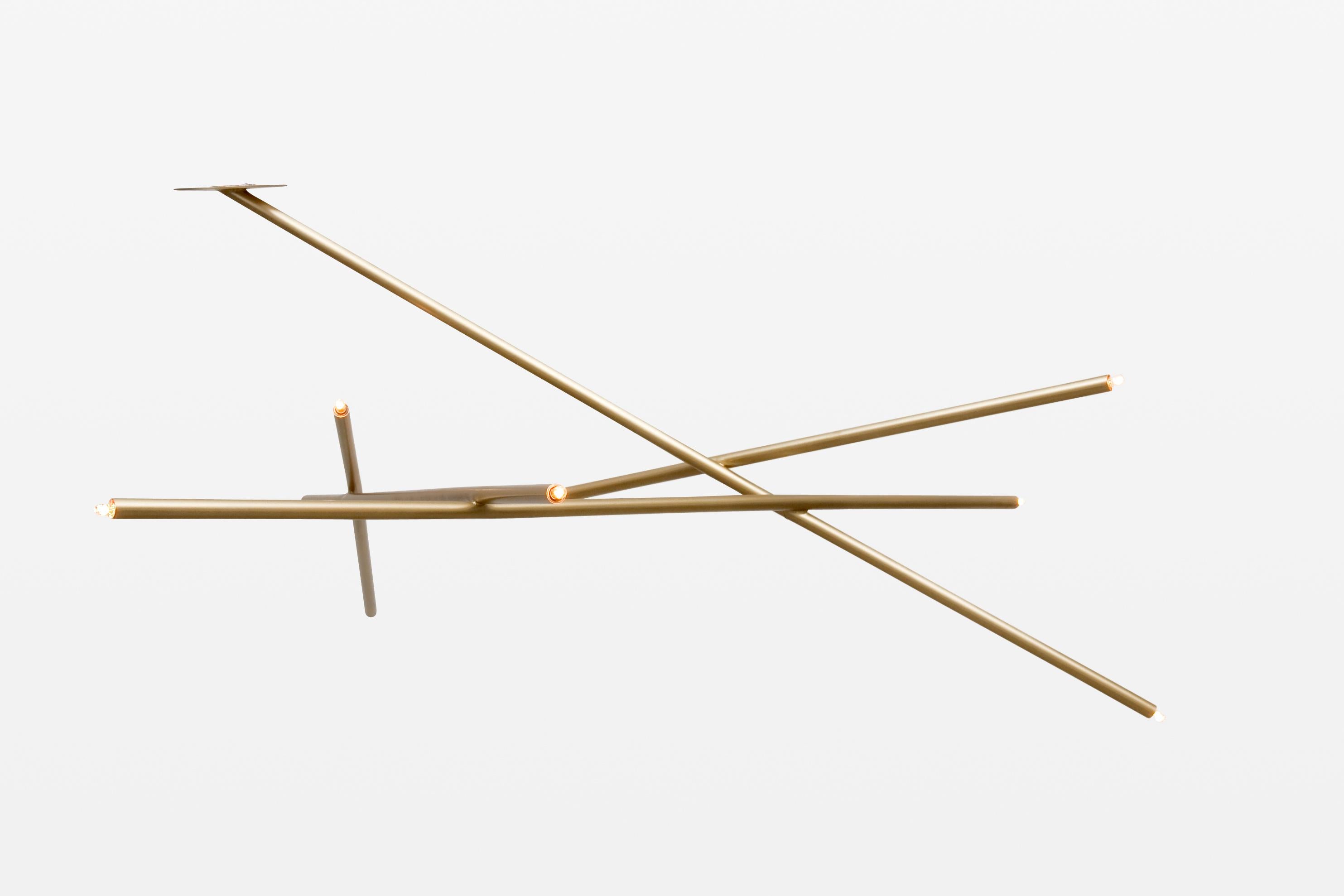 Measurements: 56 W x 56 D x 33 H inches
Drop length 33 inches.
Canopy 6 W x .25 H inches.
Shown in brushed brass.

Dimensions and finishes may be customized.
Prices may vary depending on finishes and options.

The Pick Up Stick collection