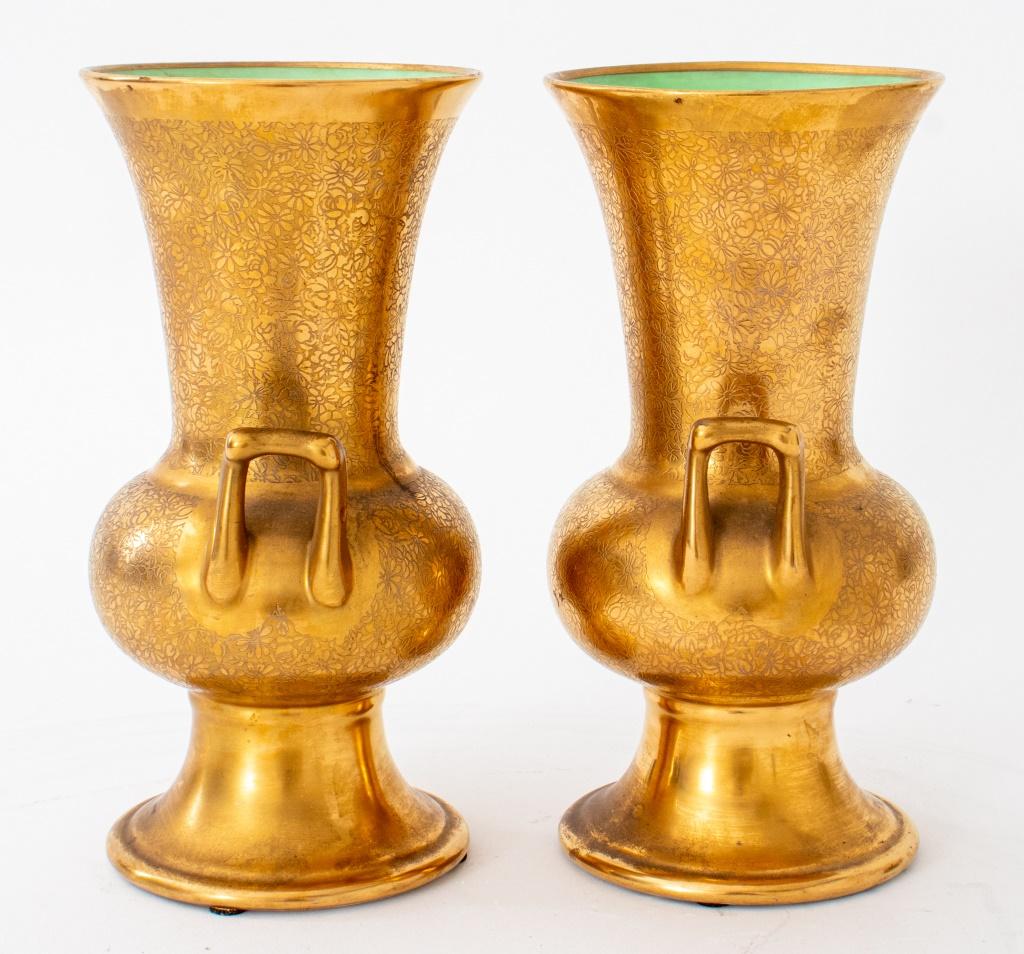 Mid-Century Modern Pickard Gold Encrusted Campagna-Form Urns, Pair For Sale