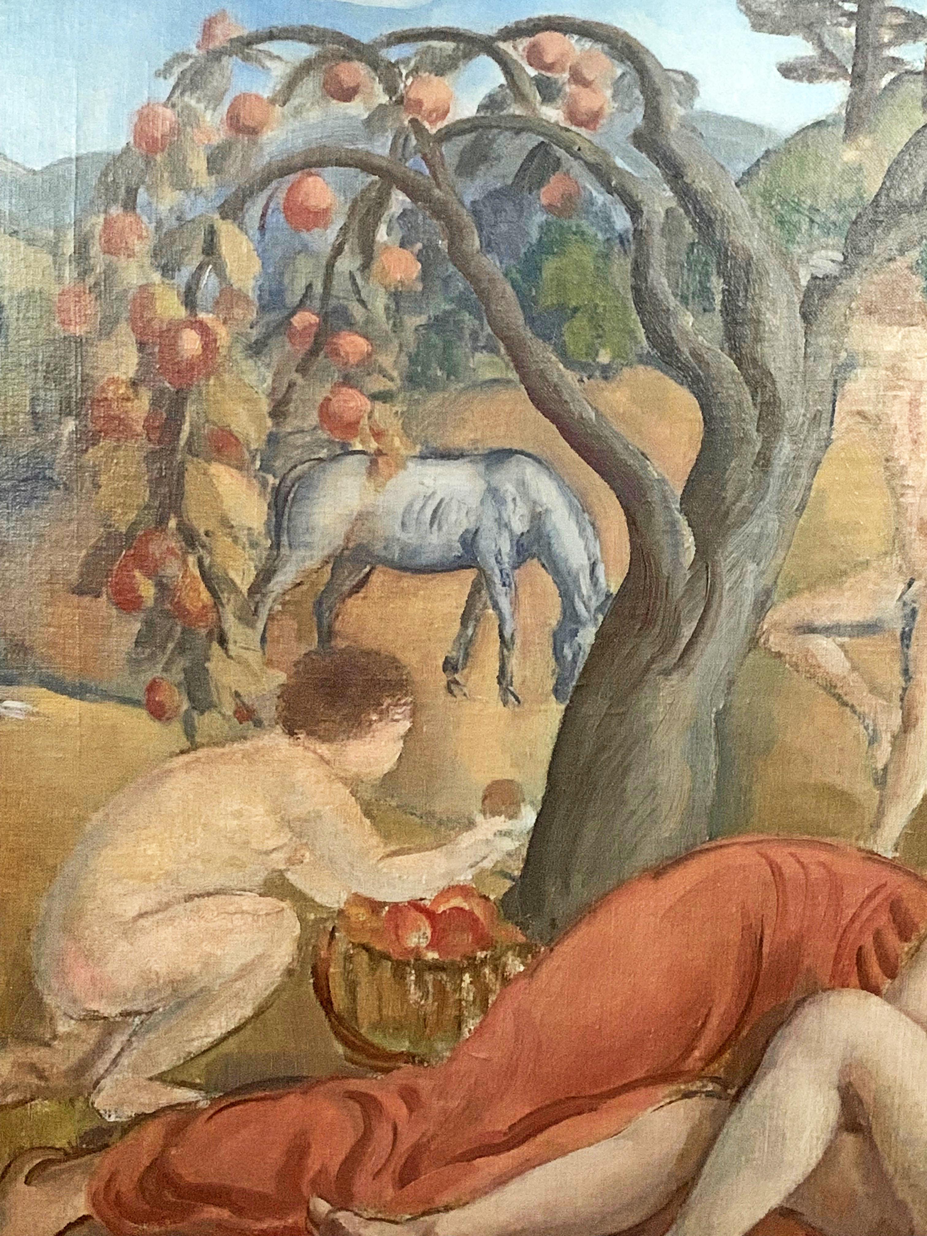 Cette magnifique représentation idyllique de personnages nus profitant de la beauté et de l'abondance de l'Arcadie, certains cueillant des pommes et d'autres faisant l'amour, a été peinte par David Karfunkle dans les années 1930, qui a immigré