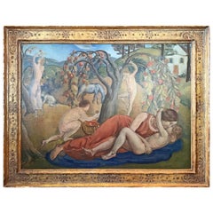 Vintage "Picking Apples in Arcadia," Art Deco Painting with Nudes by Harlem Muralist