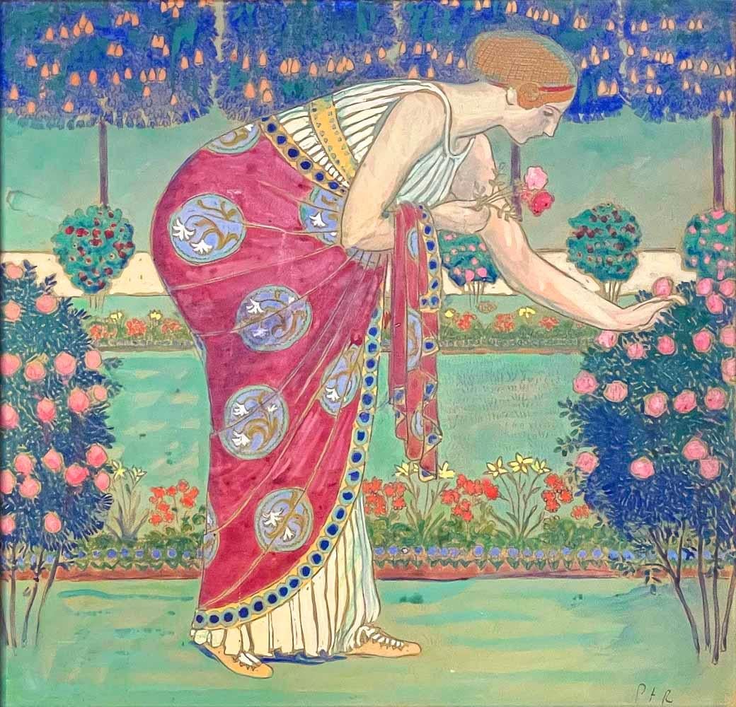 Richly colored and stunningly beautiful, this 1920s depiction of a female figure in Classic Greek garb, her hair in a bun and her dress radiantly dyed candy-apple red, was painted by Paul Théophile Robert, a Swiss artist.  His style here seems to be