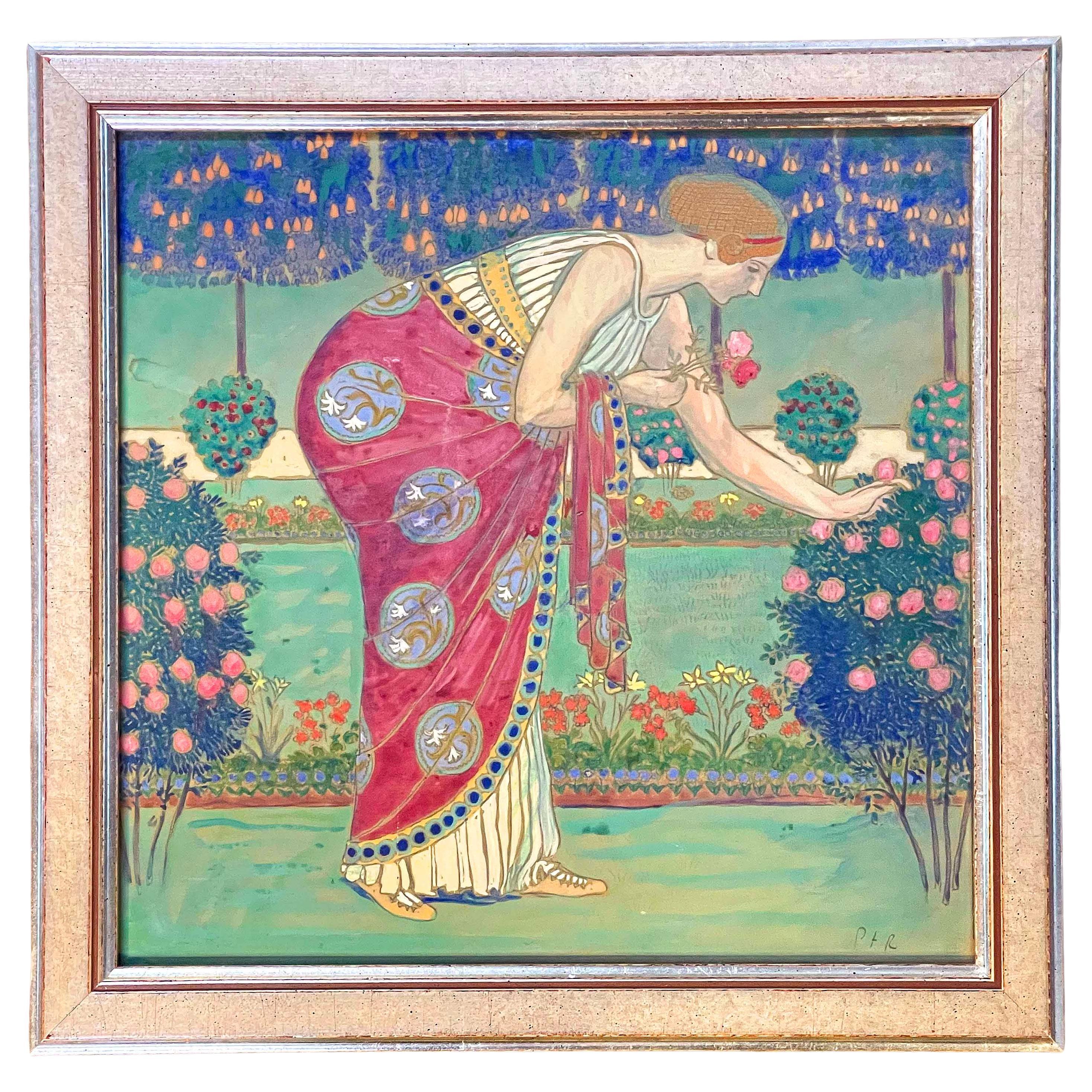 "Picking Roses", Art Deco-Jugenstil Painting of Classicized Woman in Rose Garden For Sale