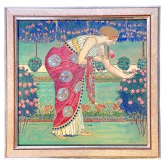 Antique "Picking Roses", Art Deco-Jugenstil Painting of Classicized Woman in Rose Garden