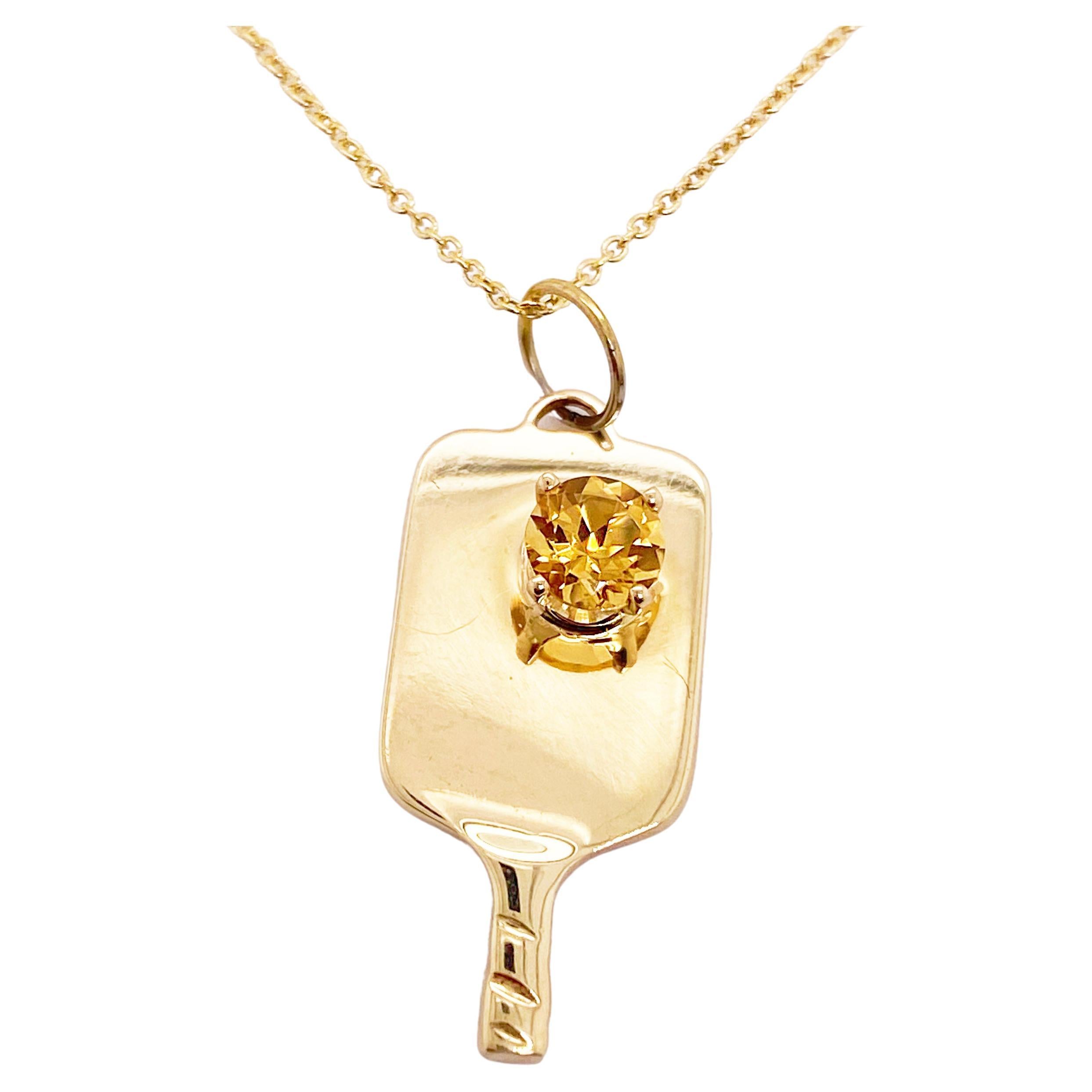 Pickleball-Gold-Halskette mit rundem 0,40 Karat Citrin, Gelbgold im Angebot