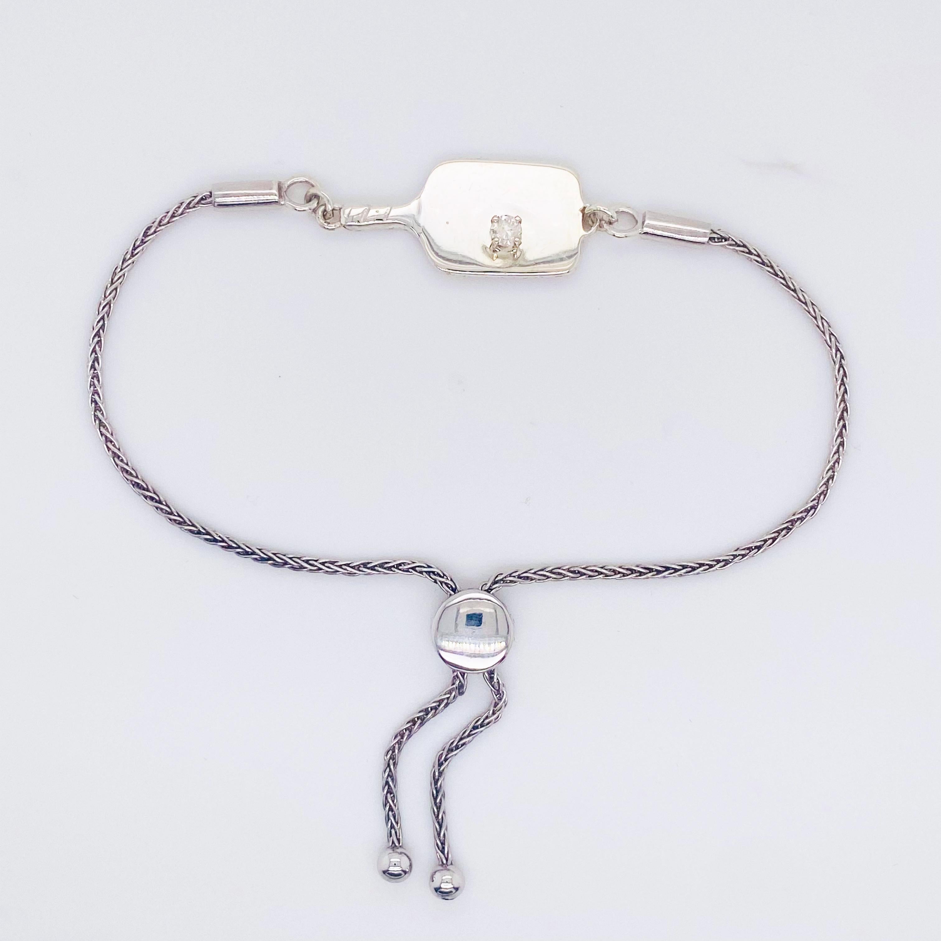 Pickleball Jewelry Diamond Bolo Bracelet in Precious Sterling, Pickleball Life In New Condition For Sale In Austin, TX