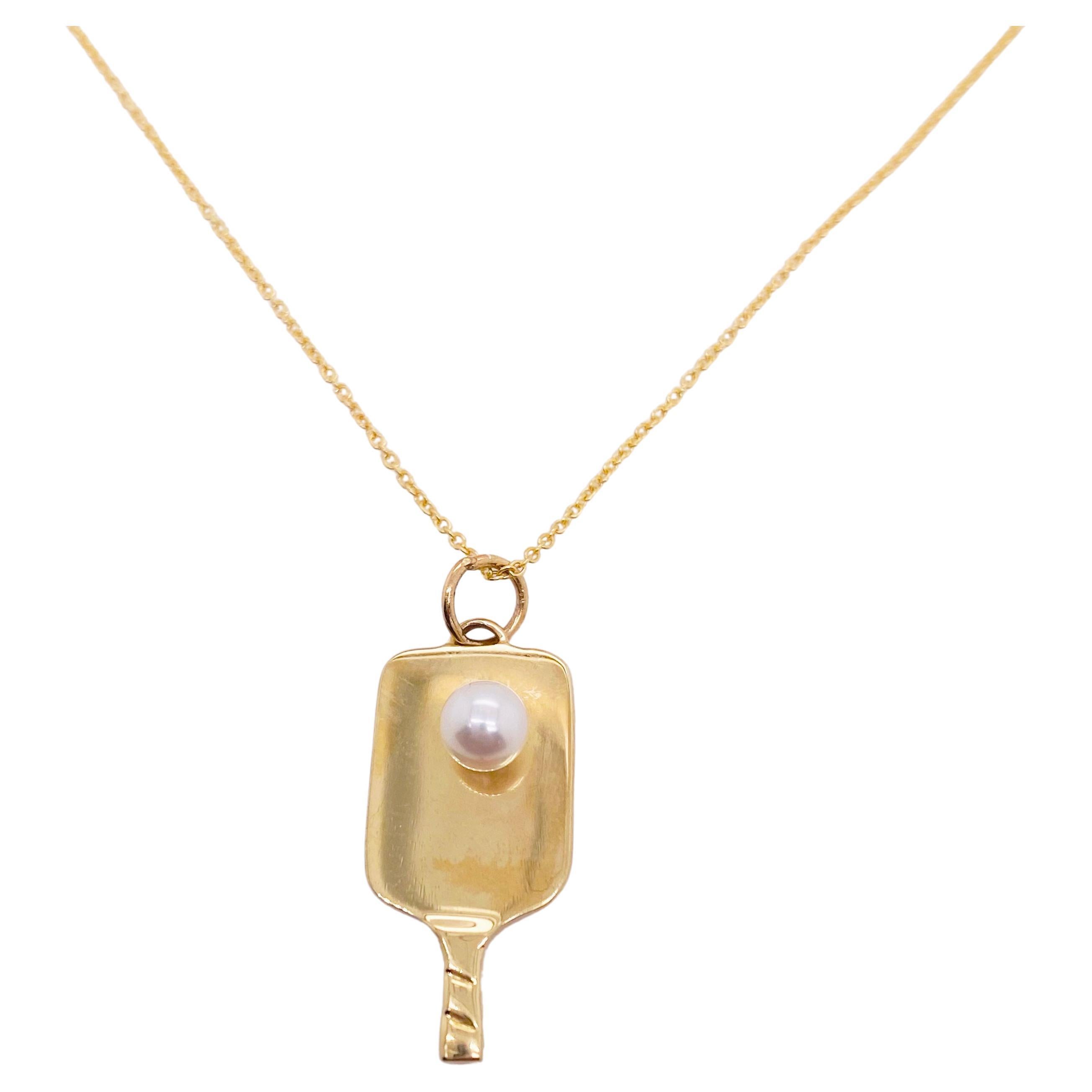 Pickleball Paddle Necklace Gold W Akoya Pearl in 14k Yellow Gold, Pickleball For Sale