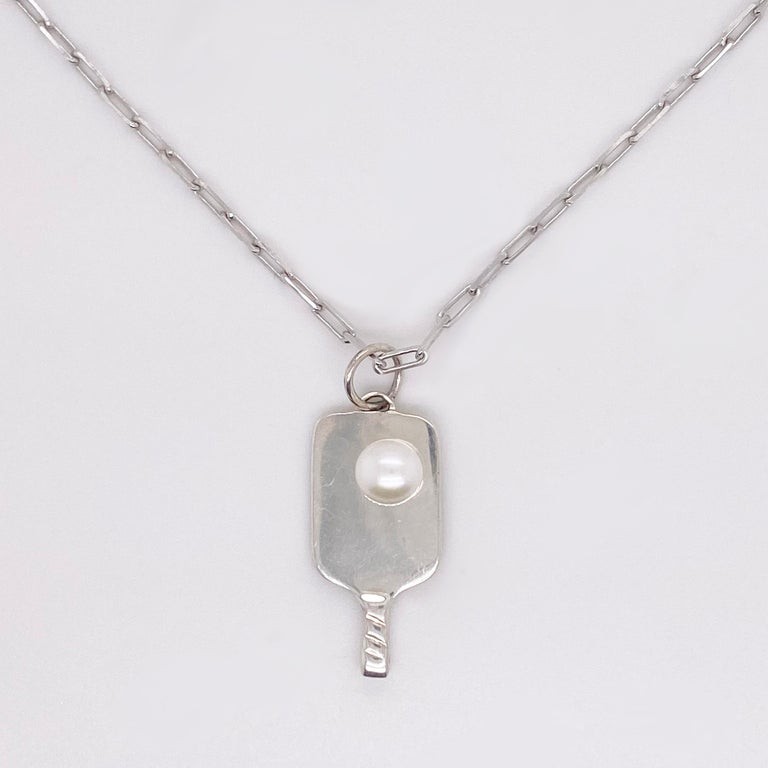 Contemporary Pickleball Paddle Necklace with Akoya Pearl in Sterling Silver w Paperclip Chain For Sale