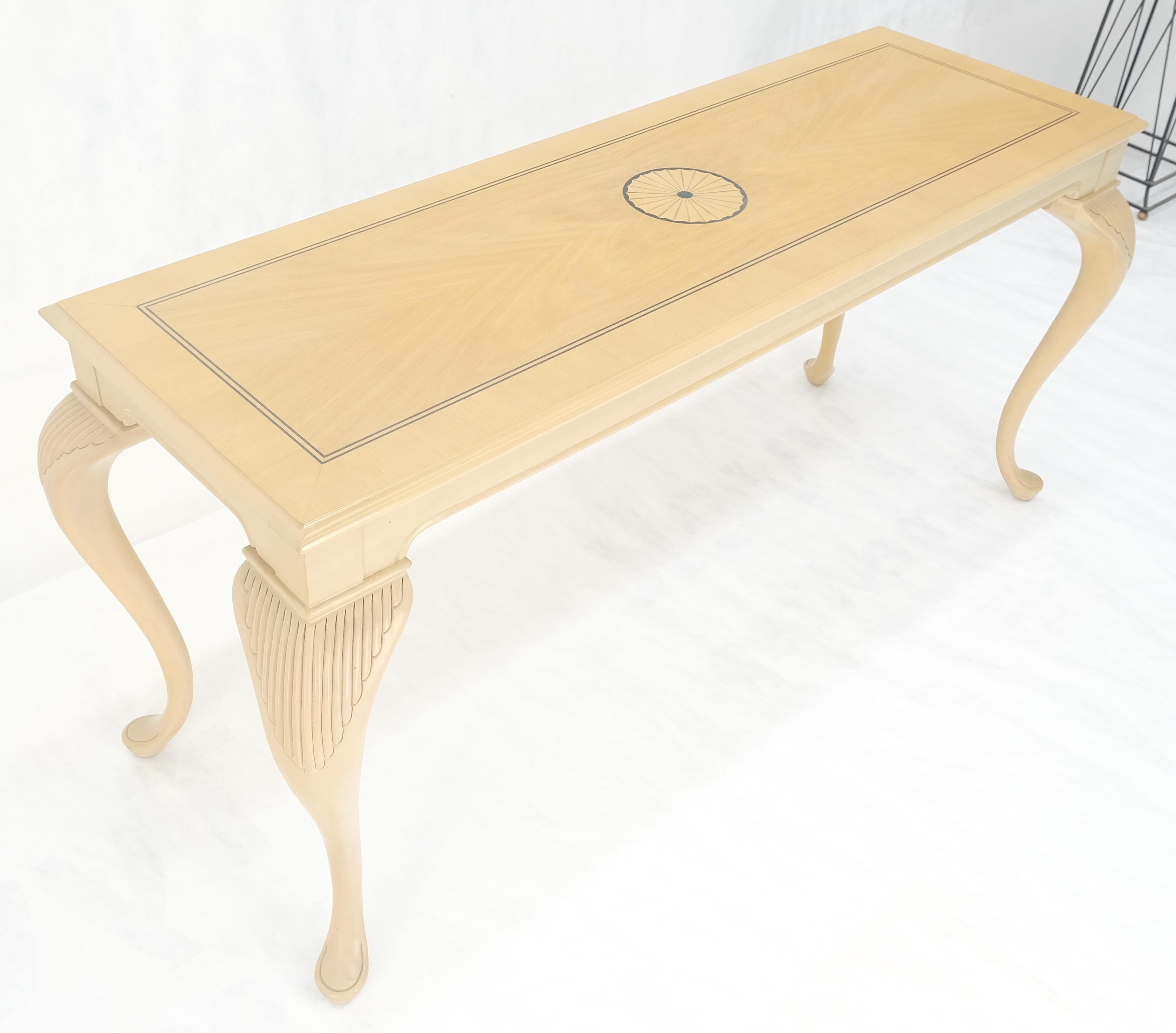 Pickled Cherry Inlaid Cabriole Leg Beige Rectangle Console Sofa Table MINT For Sale 5