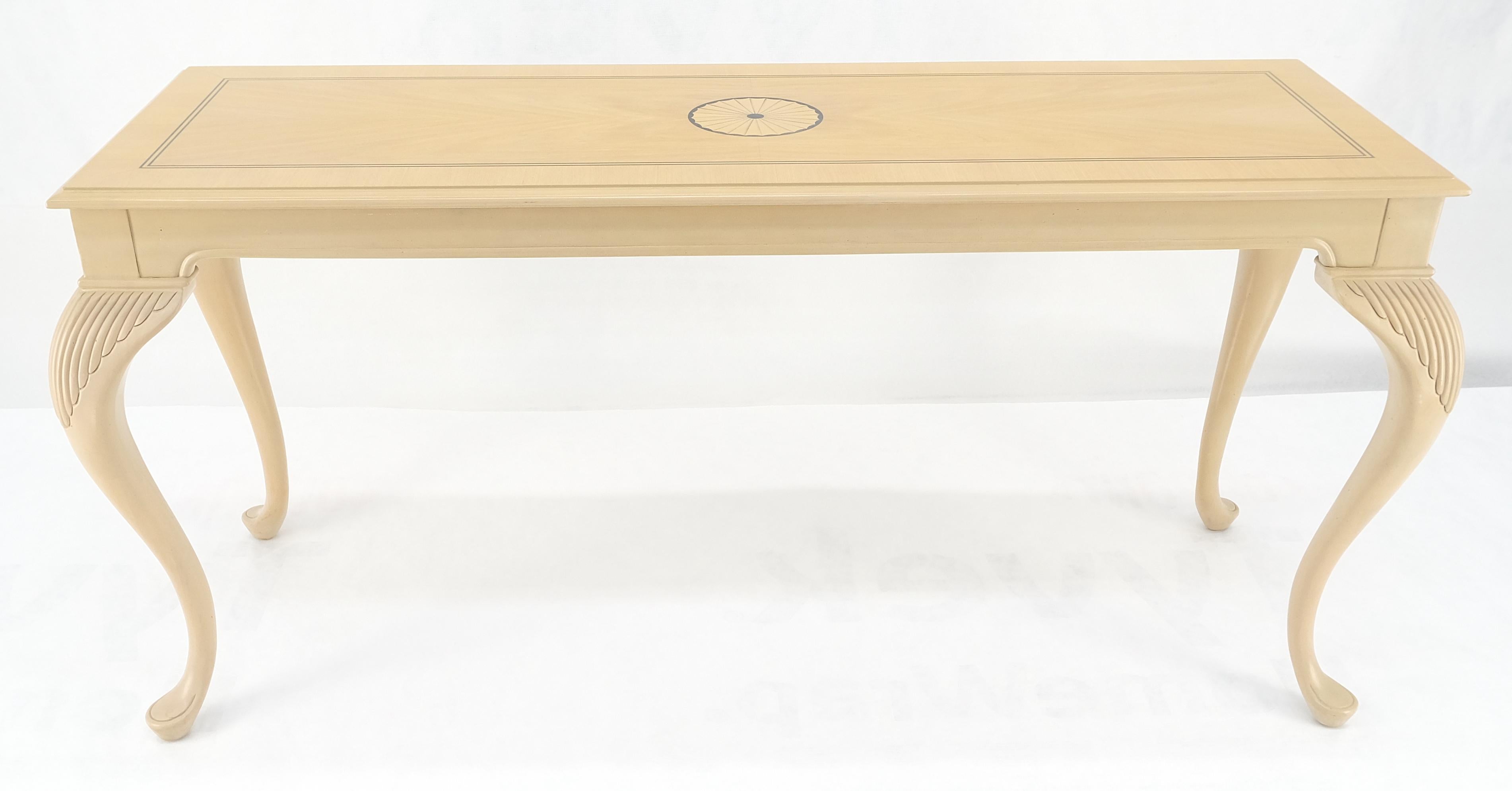 Mid-Century Modern Pickled Cherry Inlaid Cabriole Leg Beige Rectangle Console Sofa Table MINT For Sale
