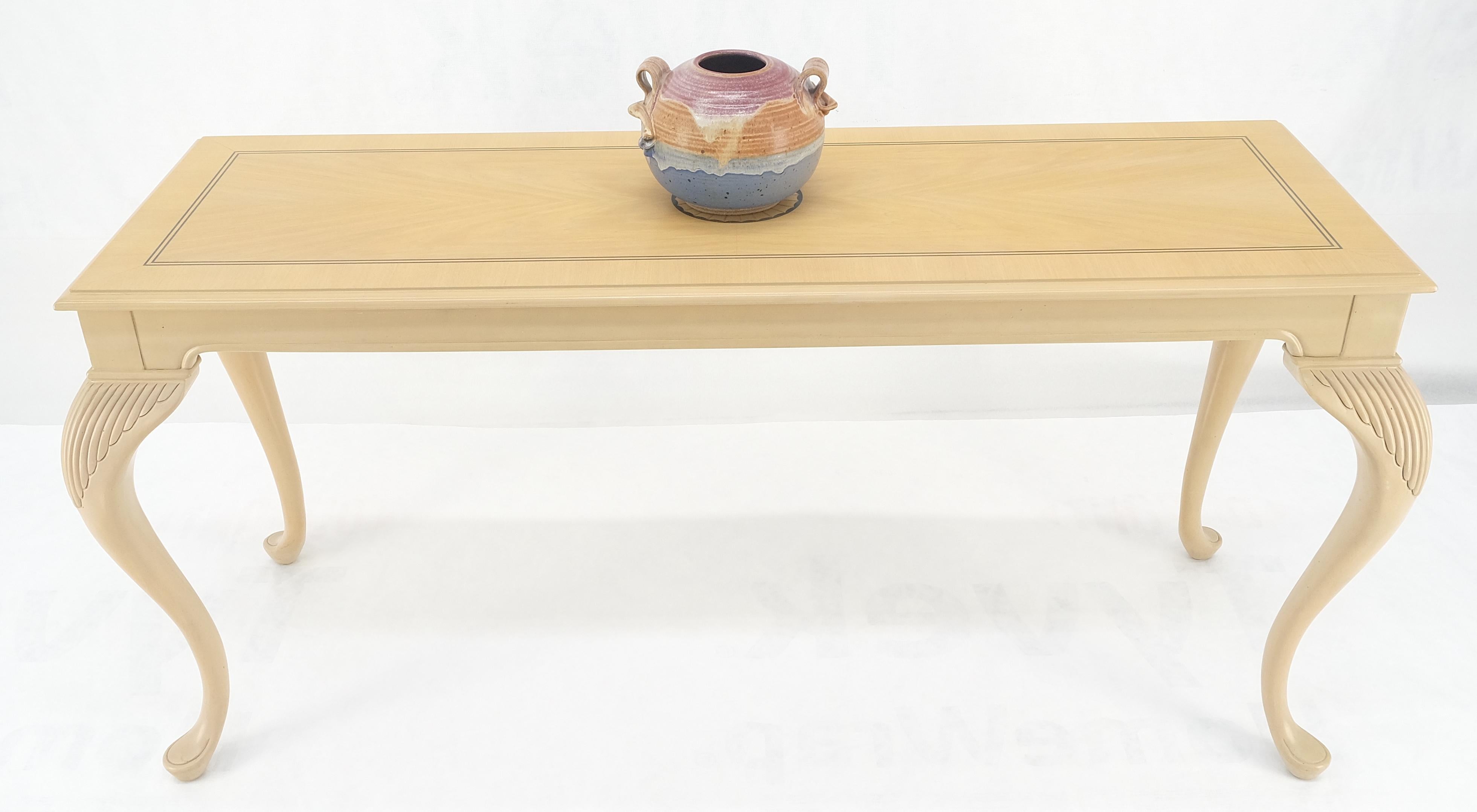 Pickled Cherry Inlaid Cabriole Leg Beige Rectangle Console Sofa Table MINT For Sale 1