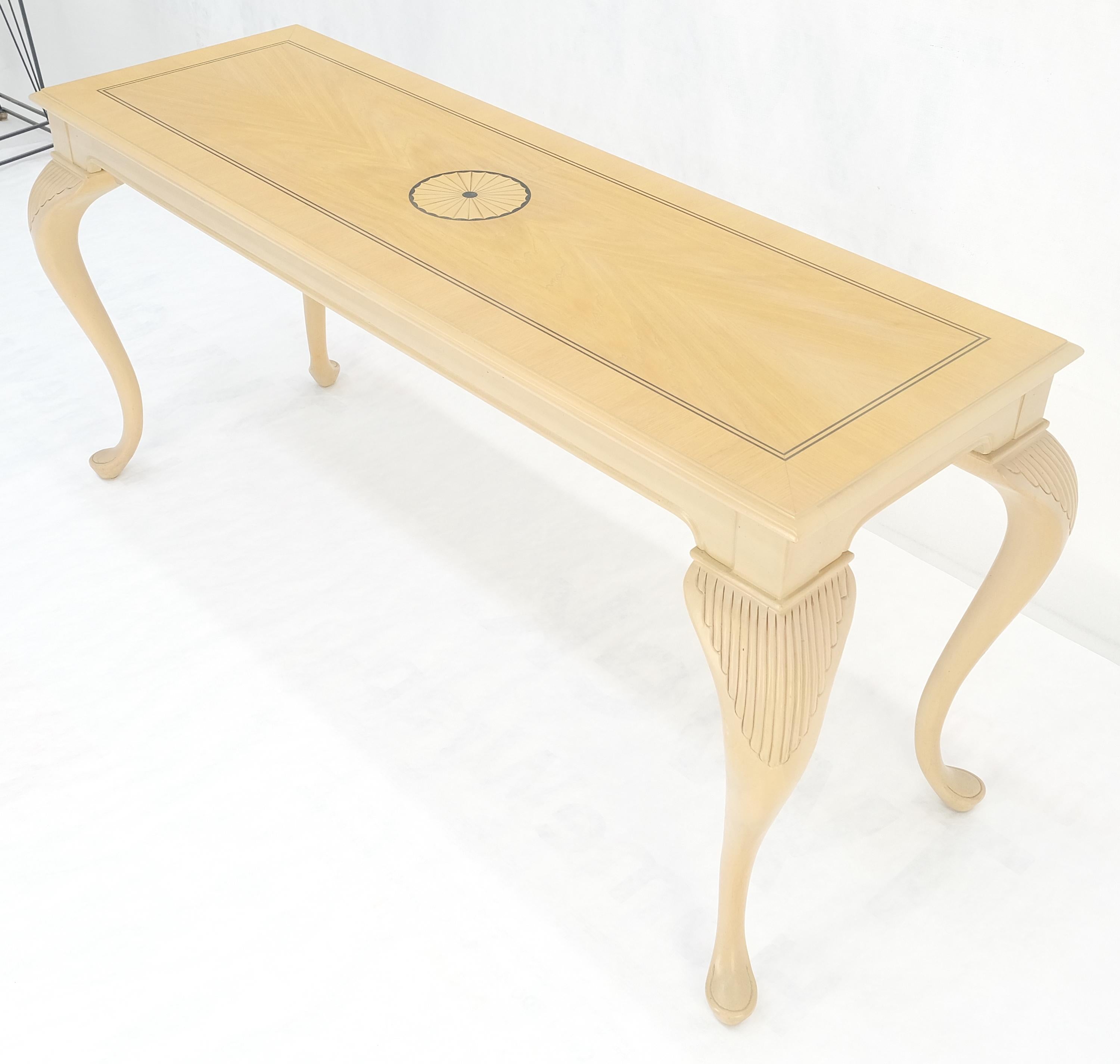 Pickled Cherry Inlaid Cabriole Leg Beige Rectangle Console Sofa Table MINT For Sale 2