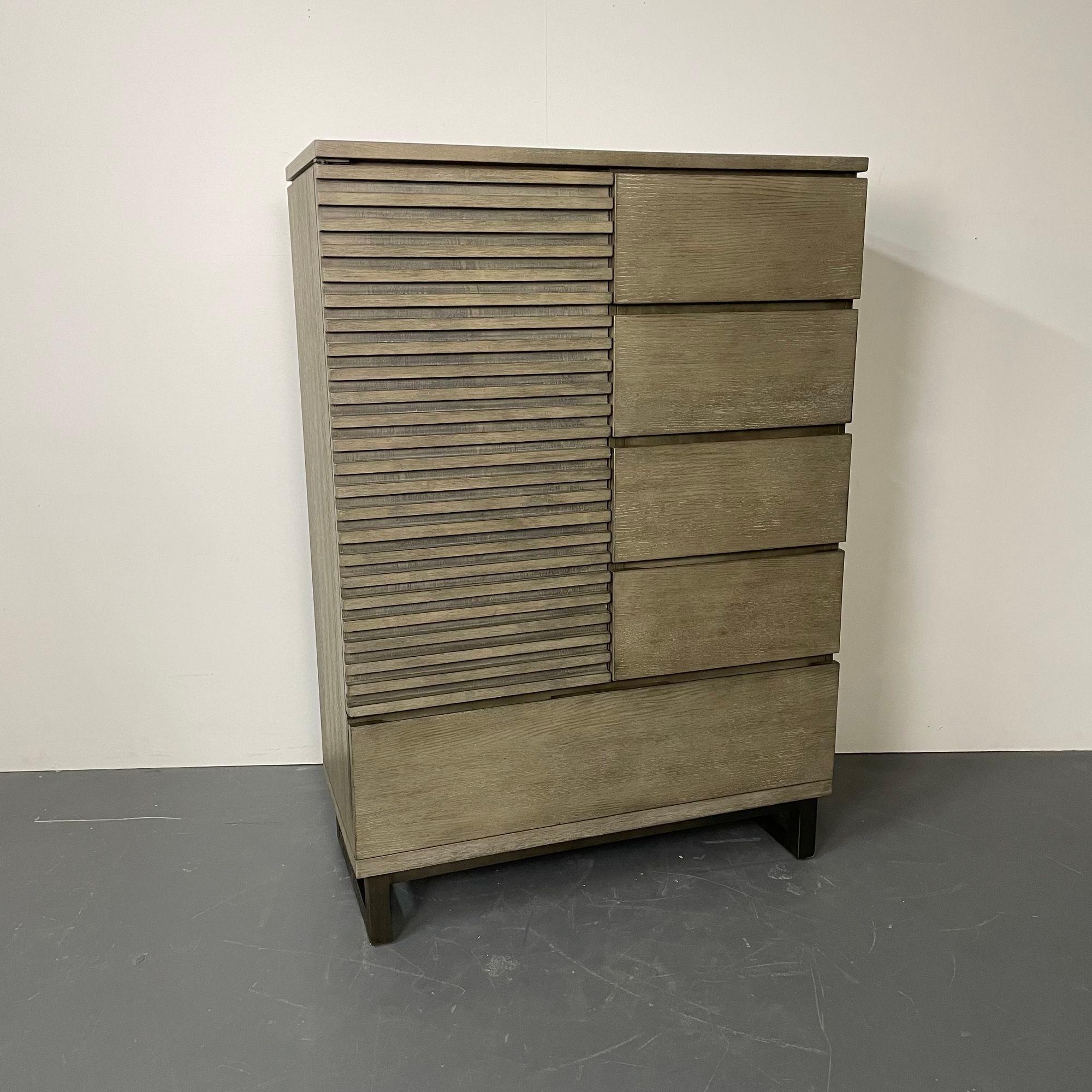 Pickled Modern Hi Chest, Armoire Cabinet, Wardrobe, Metal Base
A stylish cabinet or wardrobe in a tactile brie finish with grey tones and organic natural materials feel. Constructed from poplar and hardwood solids, with oak veneers, The case having