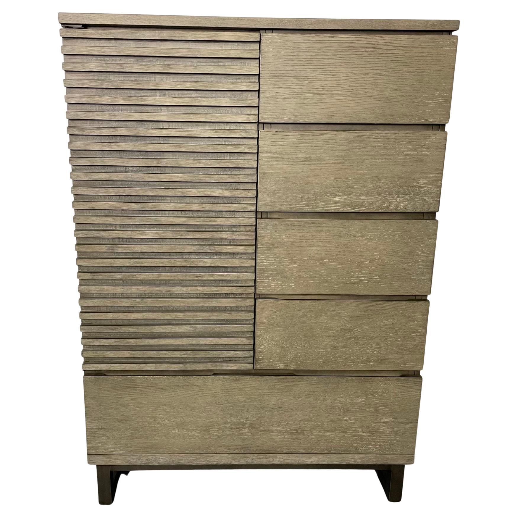 Pickled Modern Hi Chest, Armoire Cabinet, Wardrobe, Metal Base For Sale