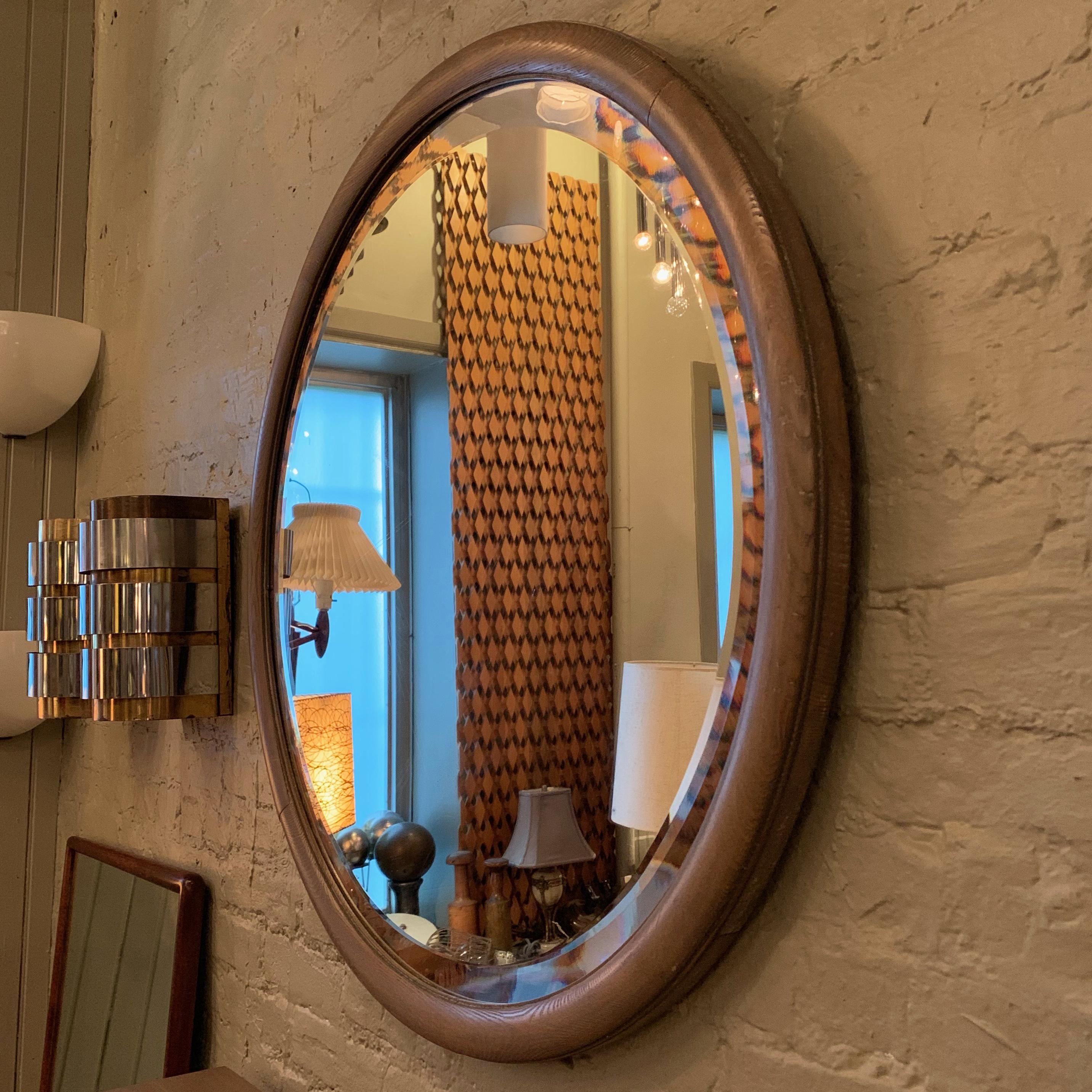 Mid-Century Modern Pickled Oak Round Beveled Wall Mirror