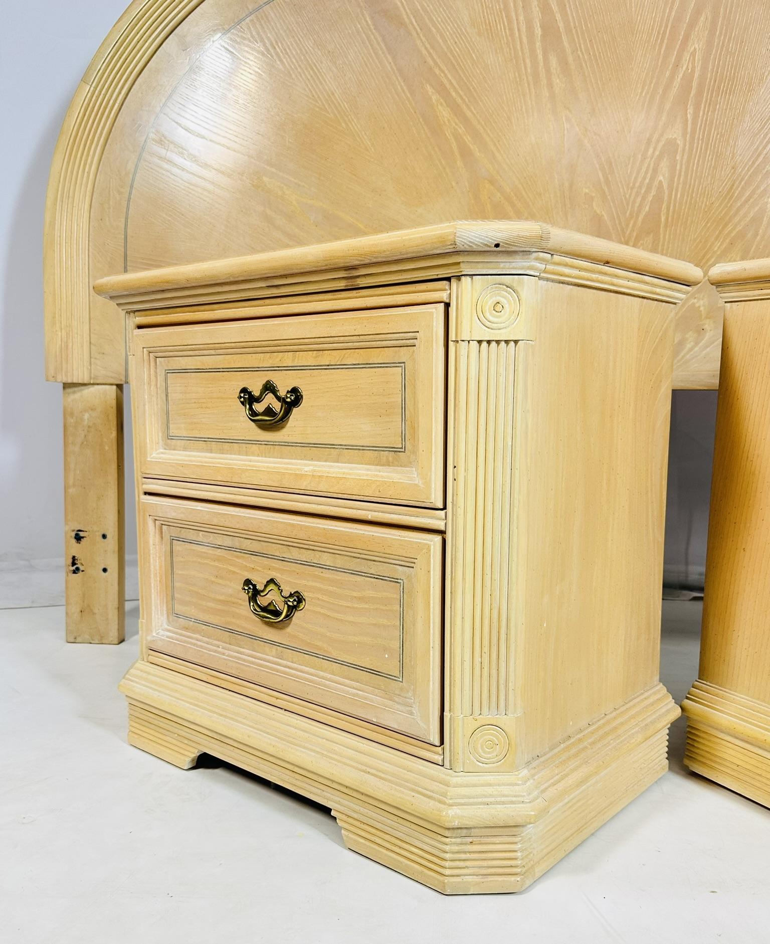 Pickled White Oak Wood Nightstands & King Size Headboard For Sale 4