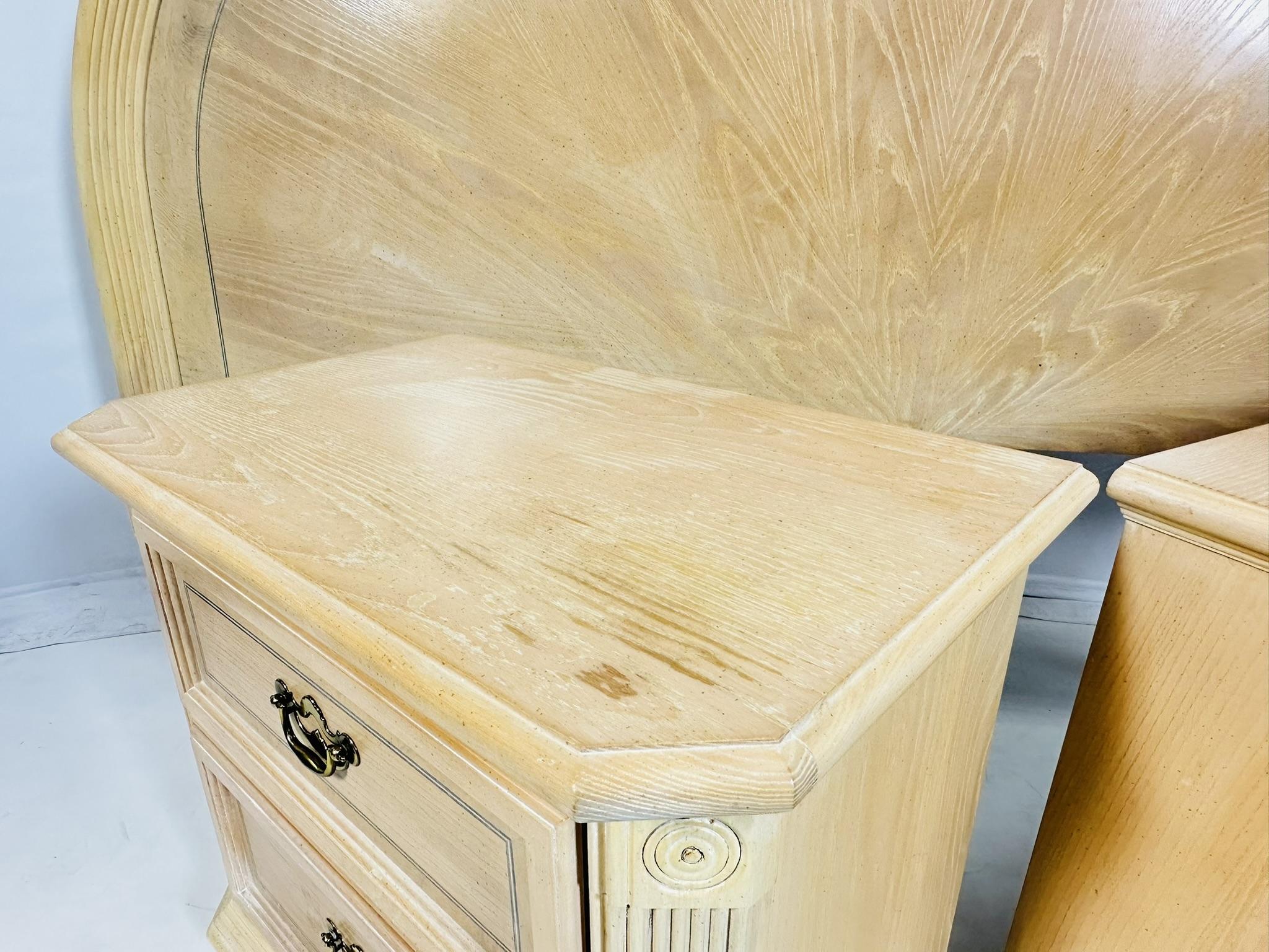 Pickled White Oak Wood Nightstands & King Size Headboard For Sale 7