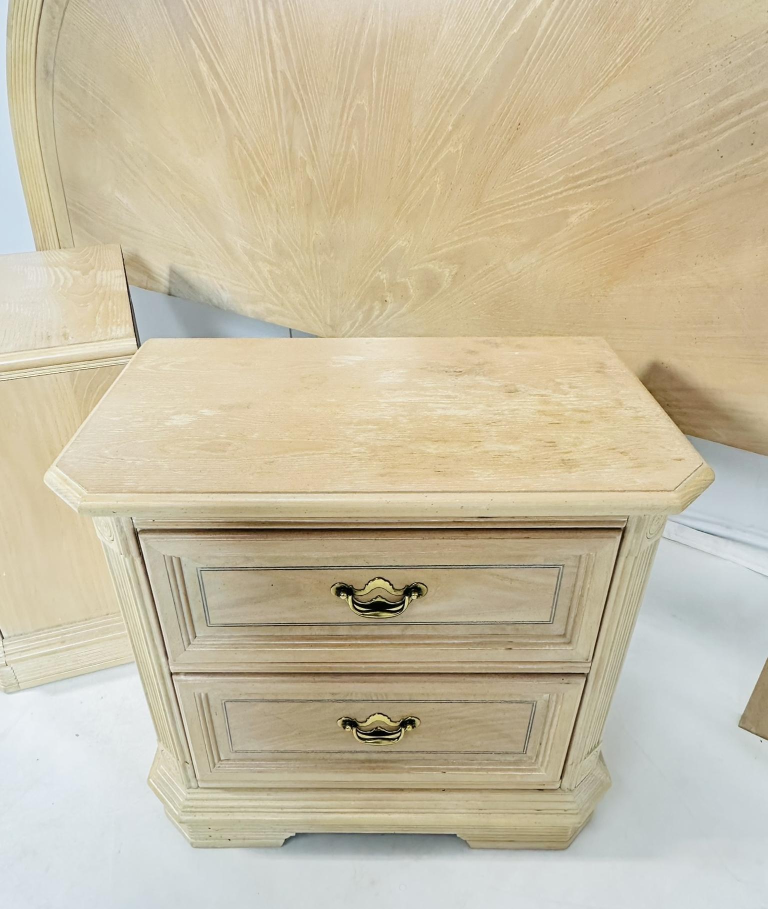 Pickled White Oak Wood Nightstands & King Size Headboard For Sale 8