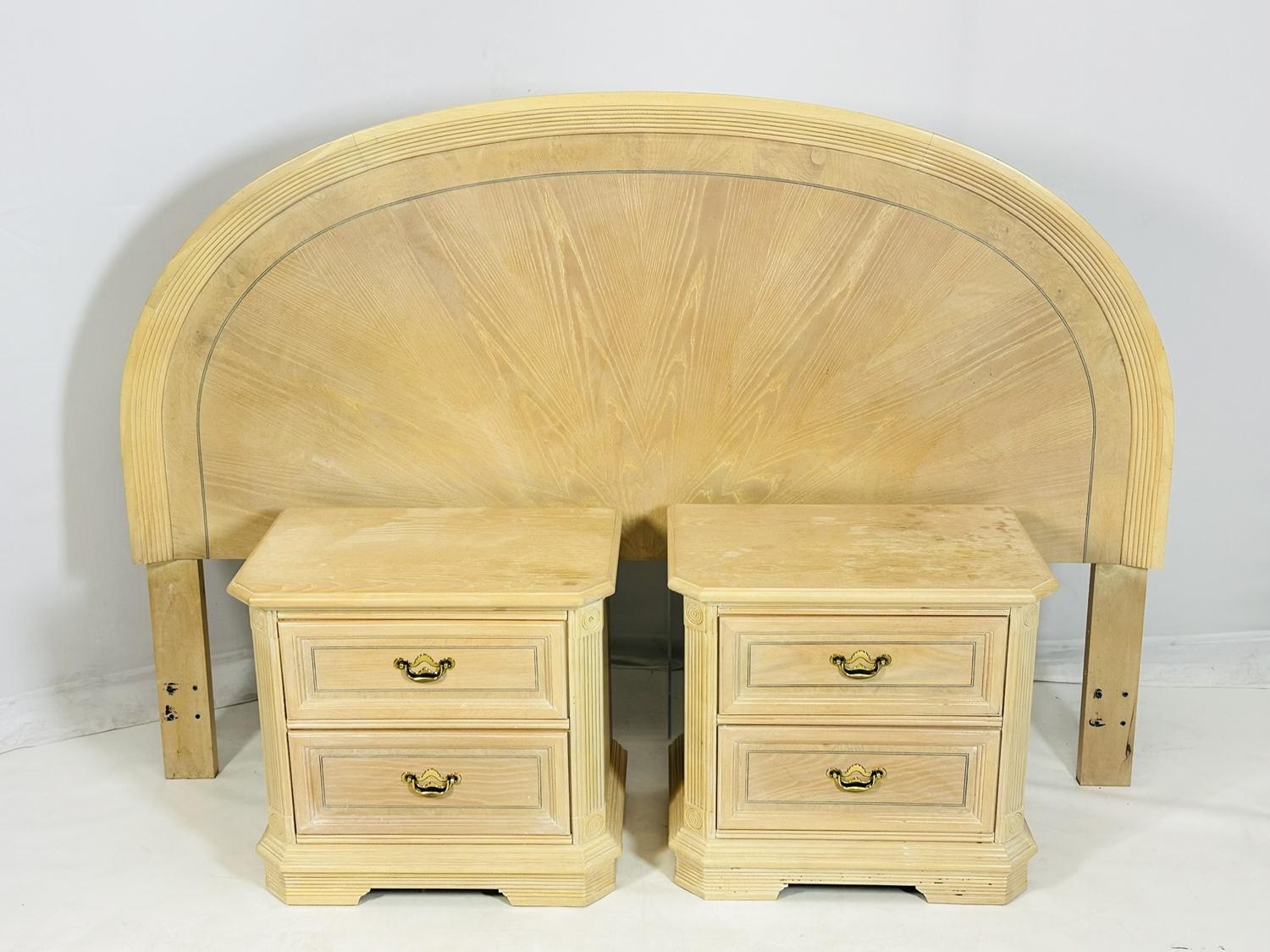 Mid-Century Modern Pickled White Oak Wood Nightstands & King Size Headboard For Sale