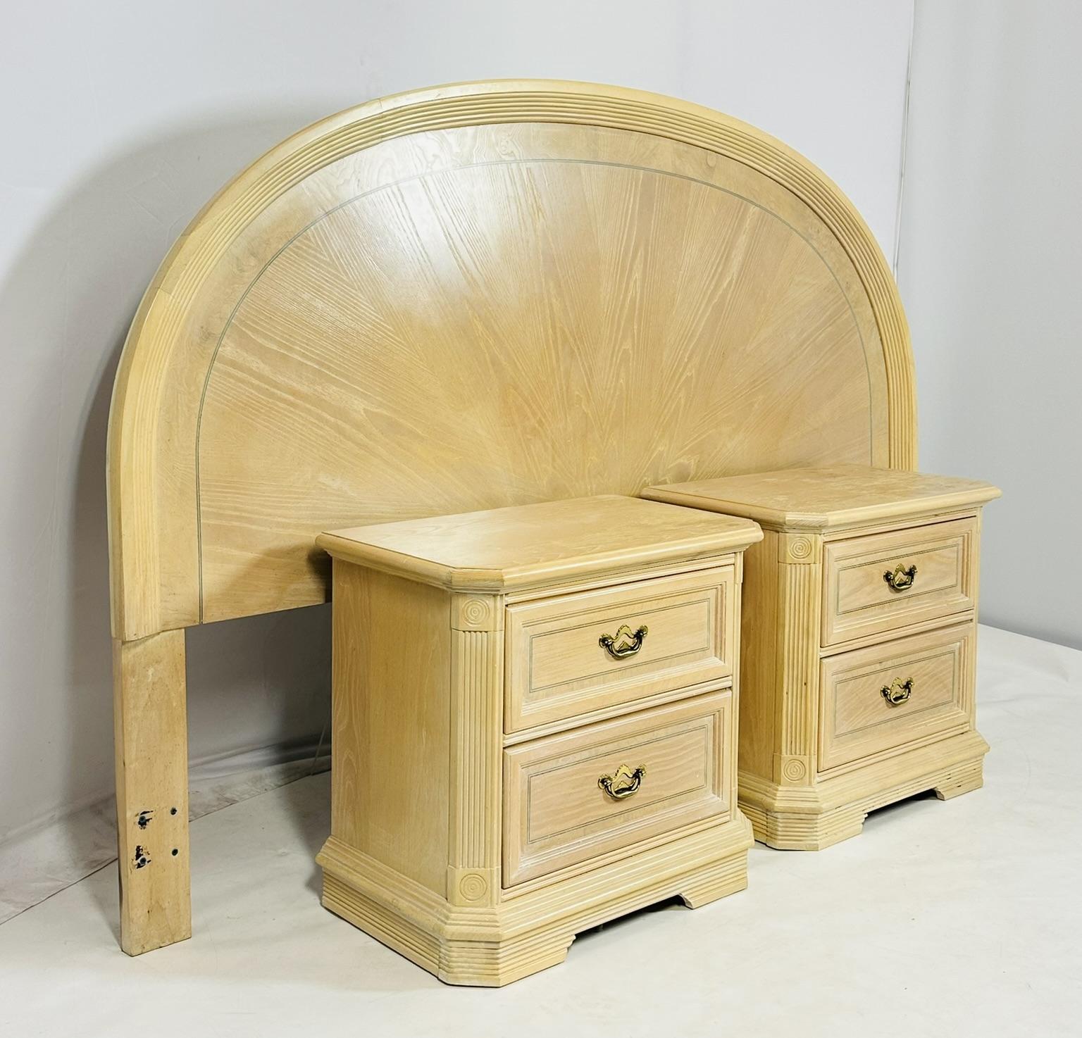 American Pickled White Oak Wood Nightstands & King Size Headboard For Sale