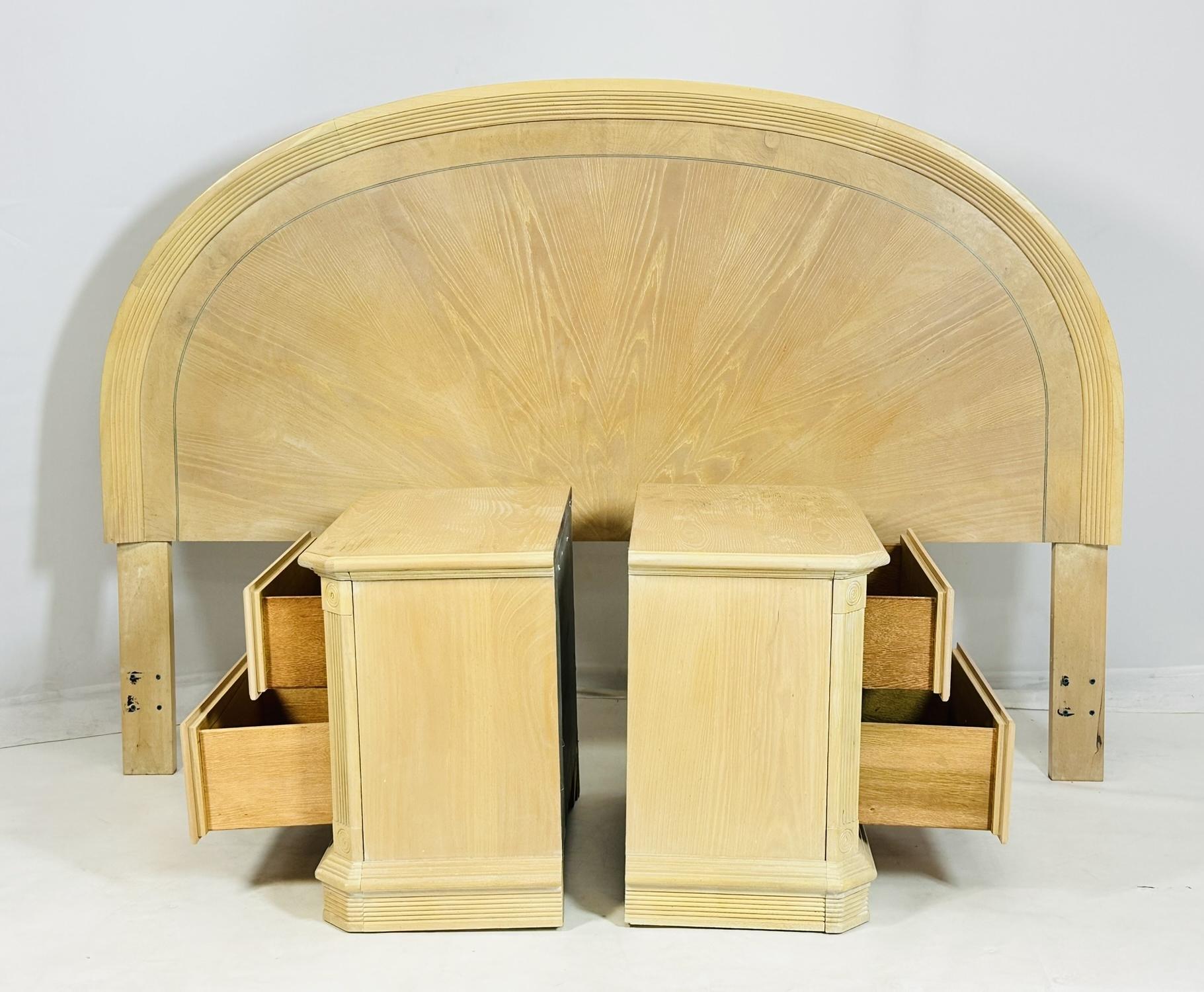 Late 20th Century Pickled White Oak Wood Nightstands & King Size Headboard For Sale