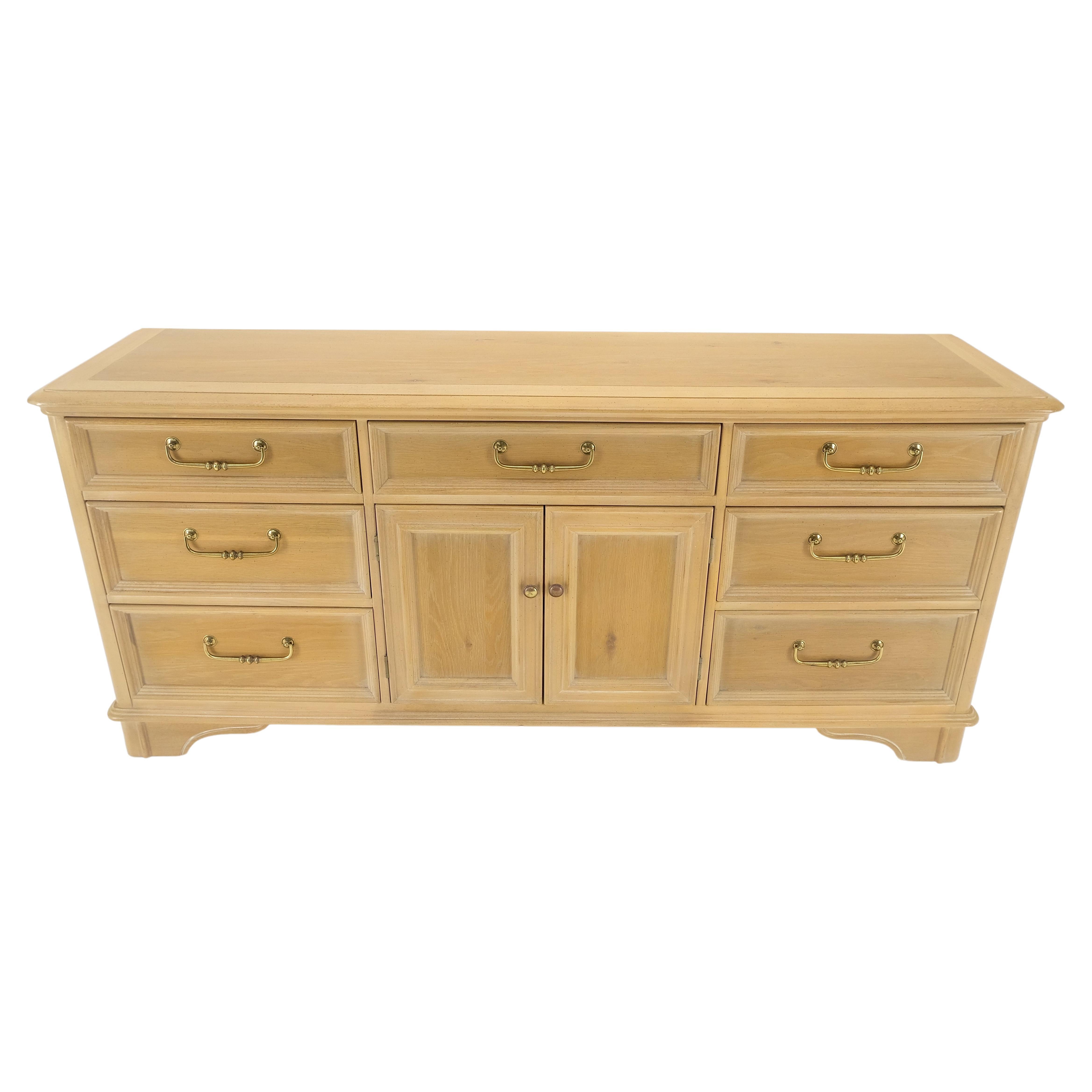 Pickled White Oak & Yew Wood Heavy Long Brass Drop Pulls Long Dresser Credenza 