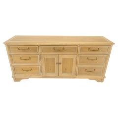 Used Pickled White Oak & Yew Wood Heavy Long Brass Drop Pulls Long Dresser Credenza 