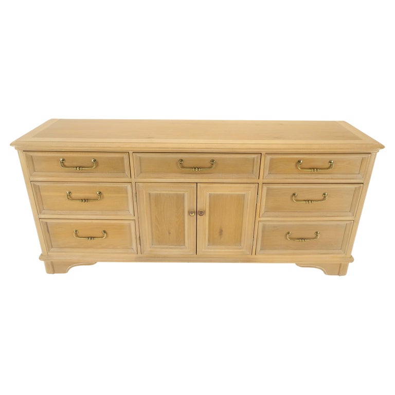 Pickled White Oak & Yew Wood Heavy Long Brass Drop Pulls Long Dresser  Credenza