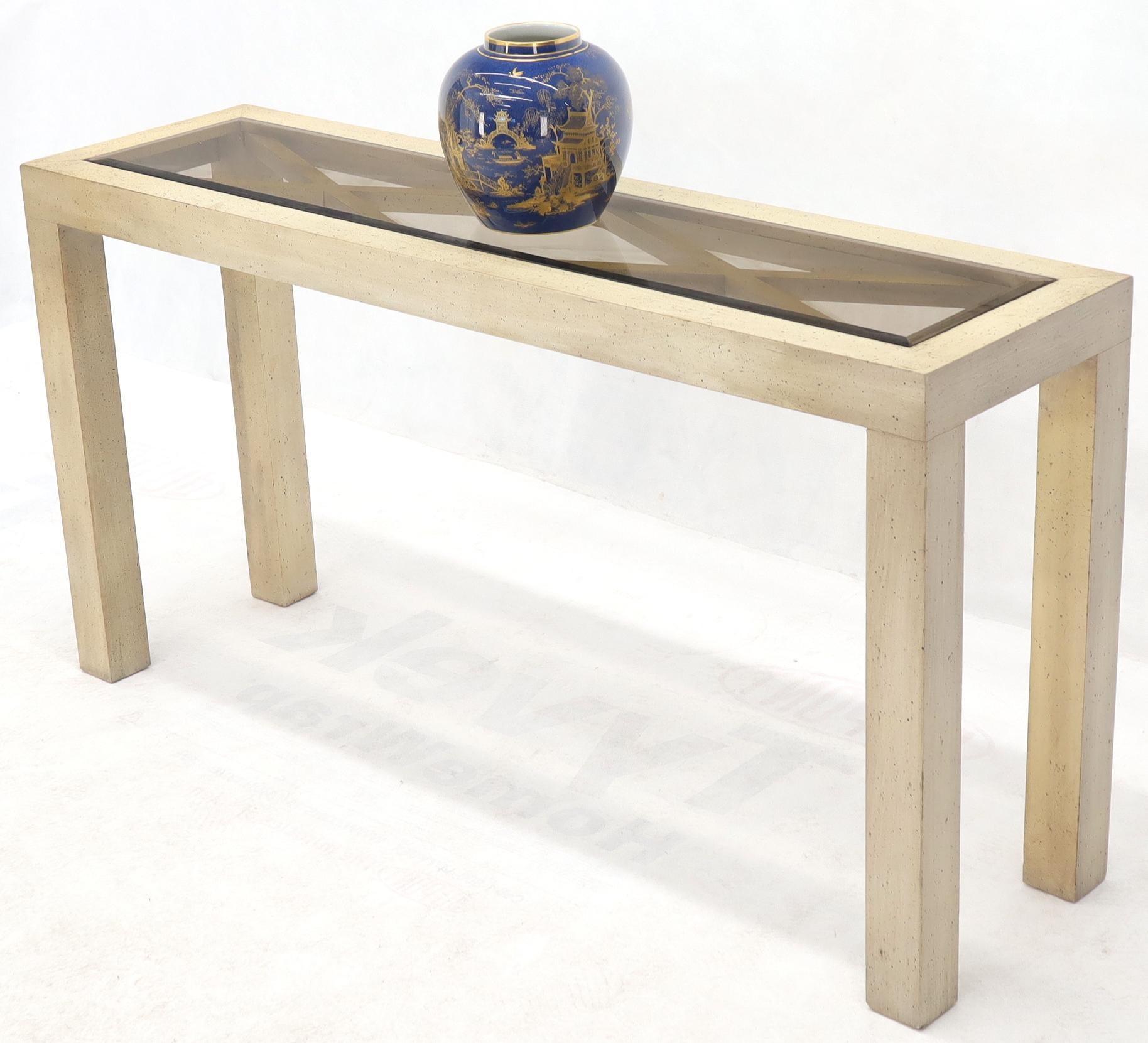 Hardwood Pickled White Wash Finish Parsons Style Console Table with Glass Top For Sale