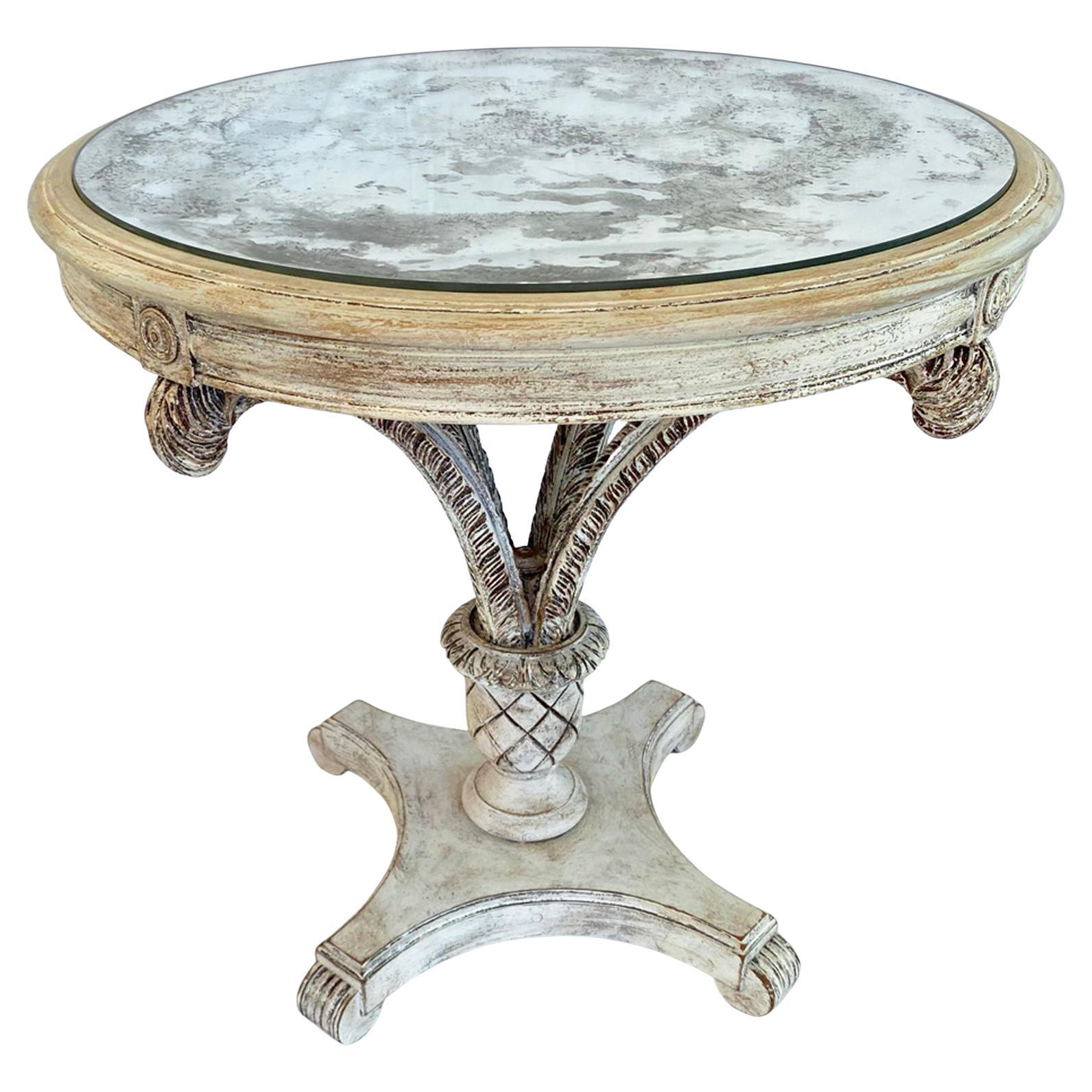 Pickled Wood "Duke of Windsor" Round Occasional Table with Aged Mirrored Top For Sale