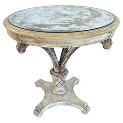 Vintage Pickled Wood "Duke of Windsor" Round Occasional Table with Aged Mirrored Top