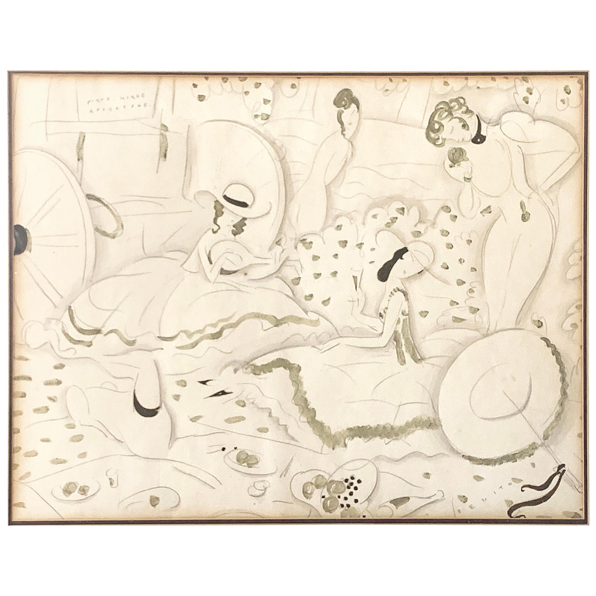"Picnic Apocryphal, " Sophisticated Art Deco Drawing by Benito, Vogue Pioneer For Sale