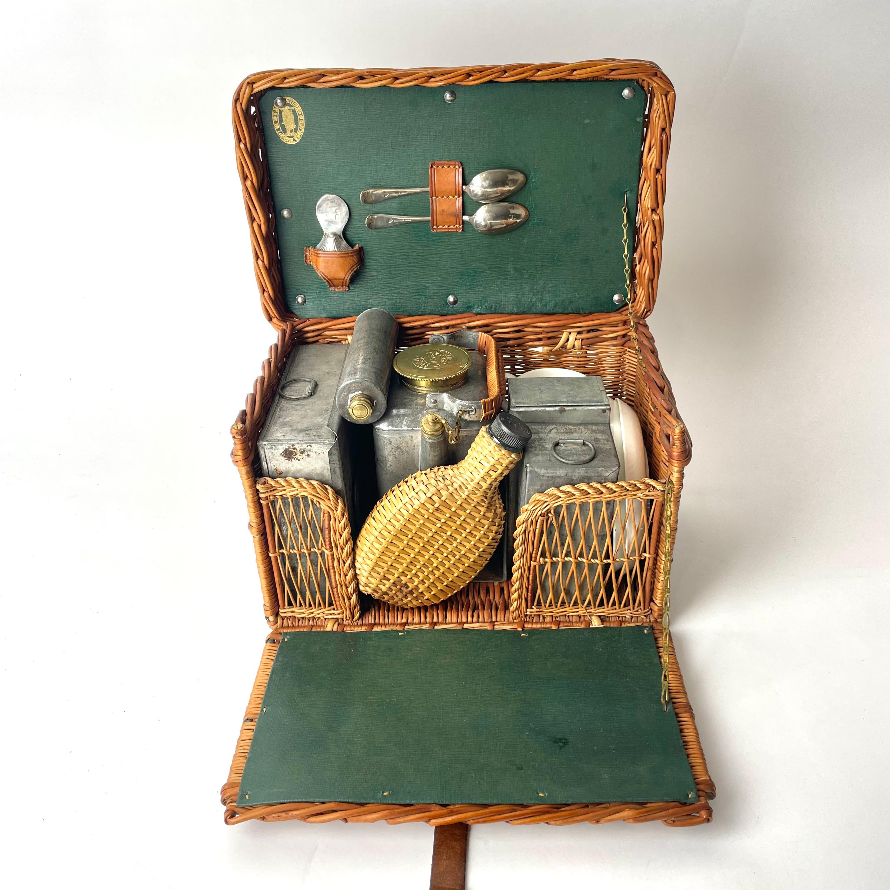 Picnic Basket, Rattan with Tinplate & Porcelain Interiors Late 19th/Early 20th C 4