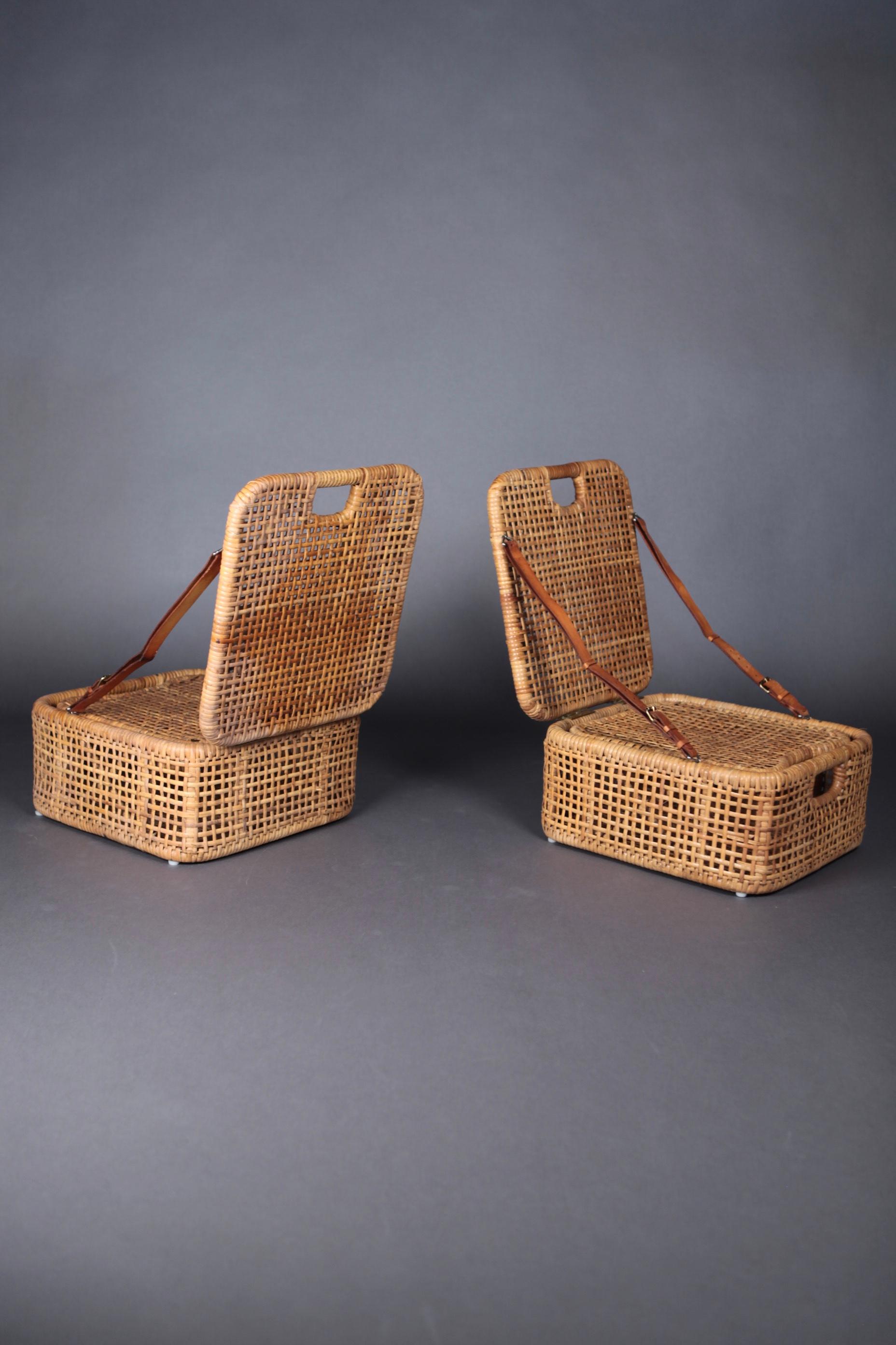 Mid-Century Modern Picnic Chairs, Cane and Leather, Sweden, 1950s