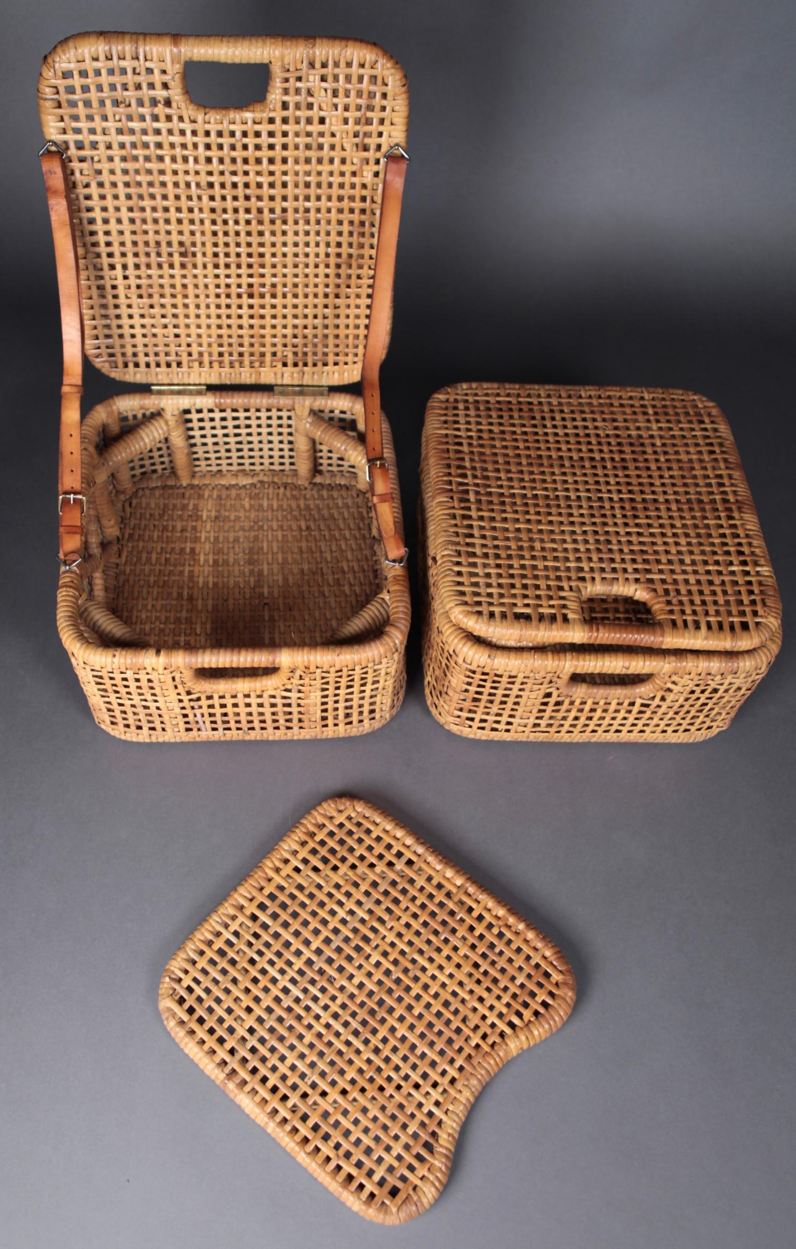 Mid-20th Century Picnic Chairs, Cane and Leather, Sweden, 1950s