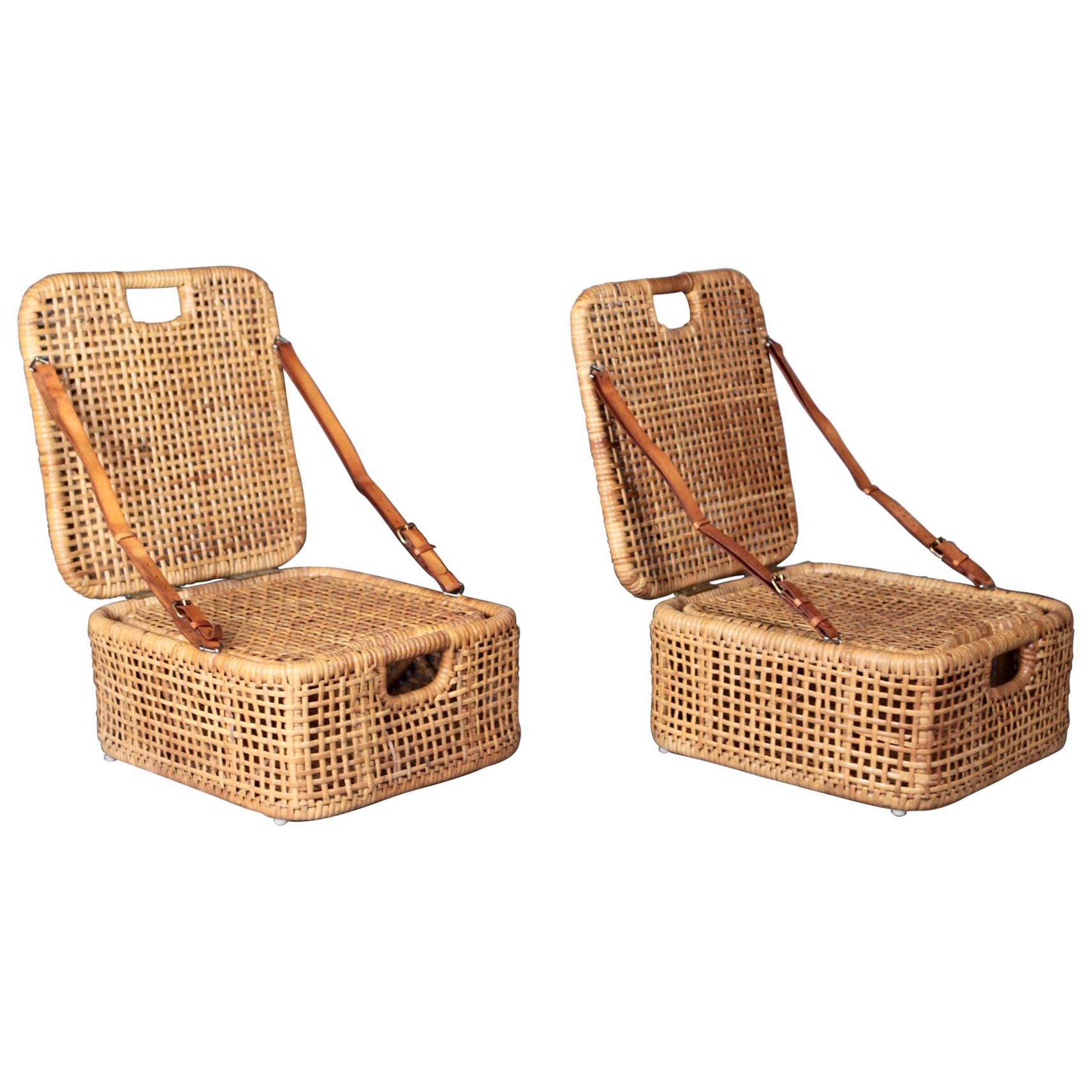 Picnic Chairs, Cane and Leather, Sweden, 1950s