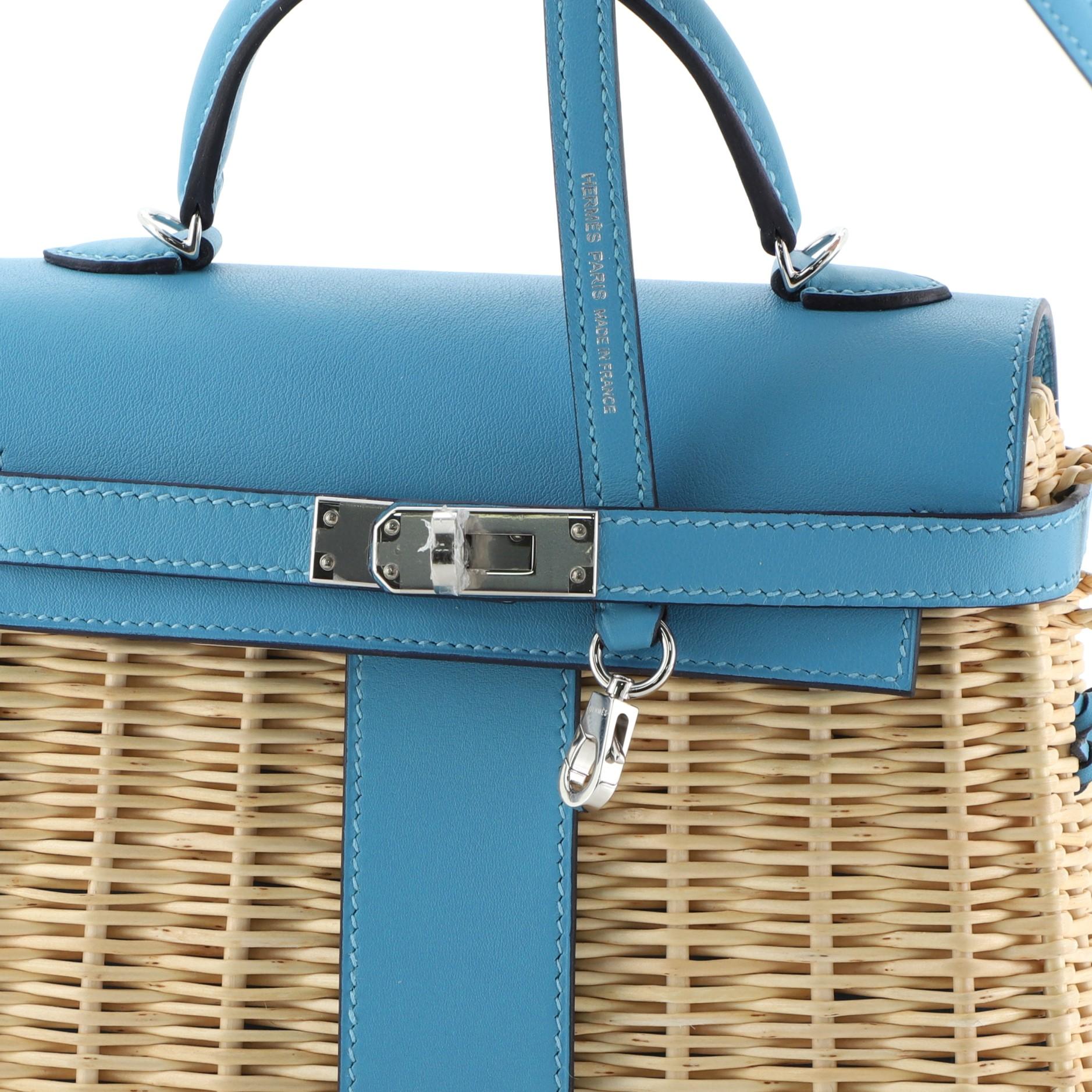 Picnic Kelly Handbag Bleu du Nord Swift and Wicker with Palladium Hardware 20 1